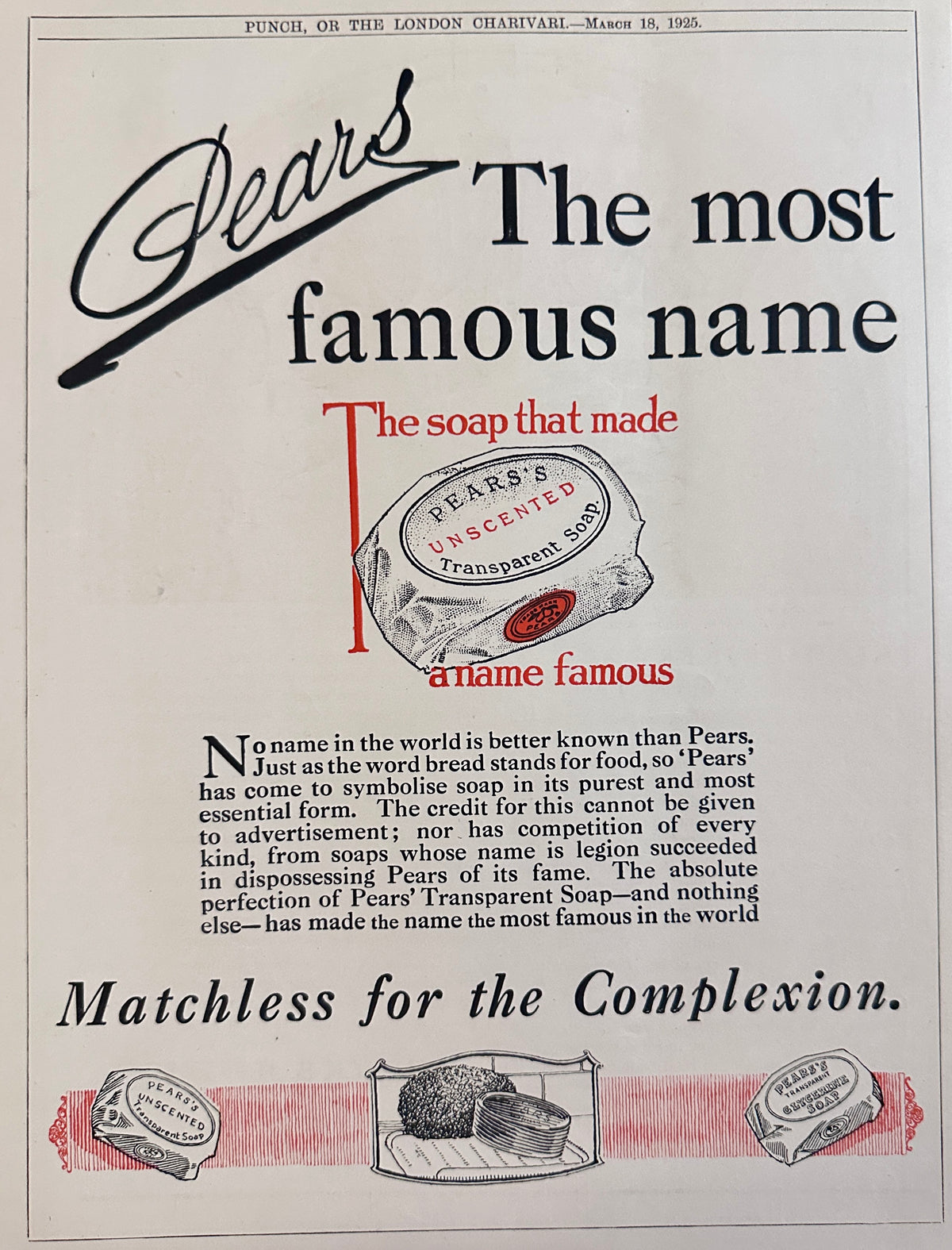 1925 Pears Unscented Transparent Soap - British Ad #N1559 Matchless Complexion