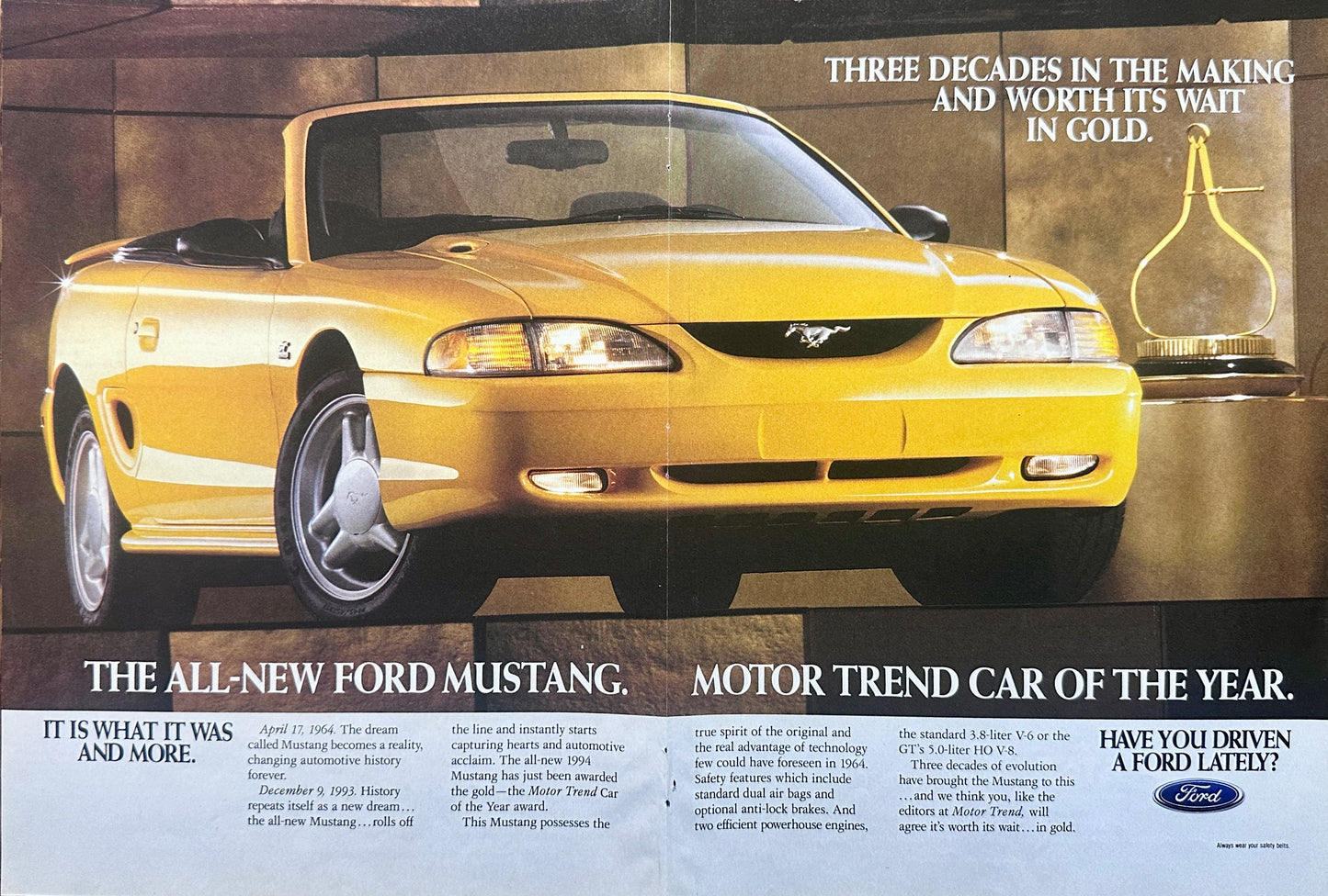 1993 Centerfold Yellow Ford Mustang Car of the Year Magazine AD #A120