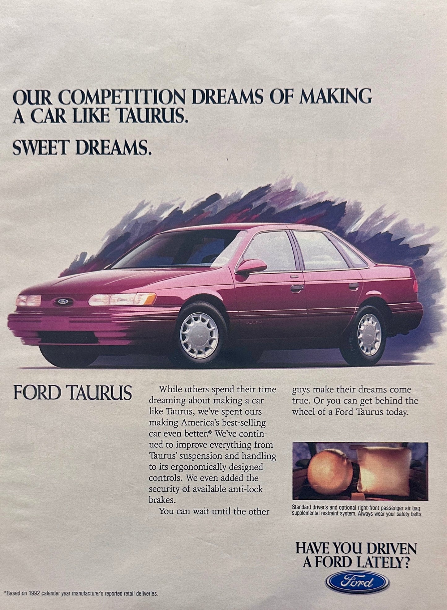 1993 Red Ford Taurus 4-Door Sedan Sweet Dreams Magazine Ad