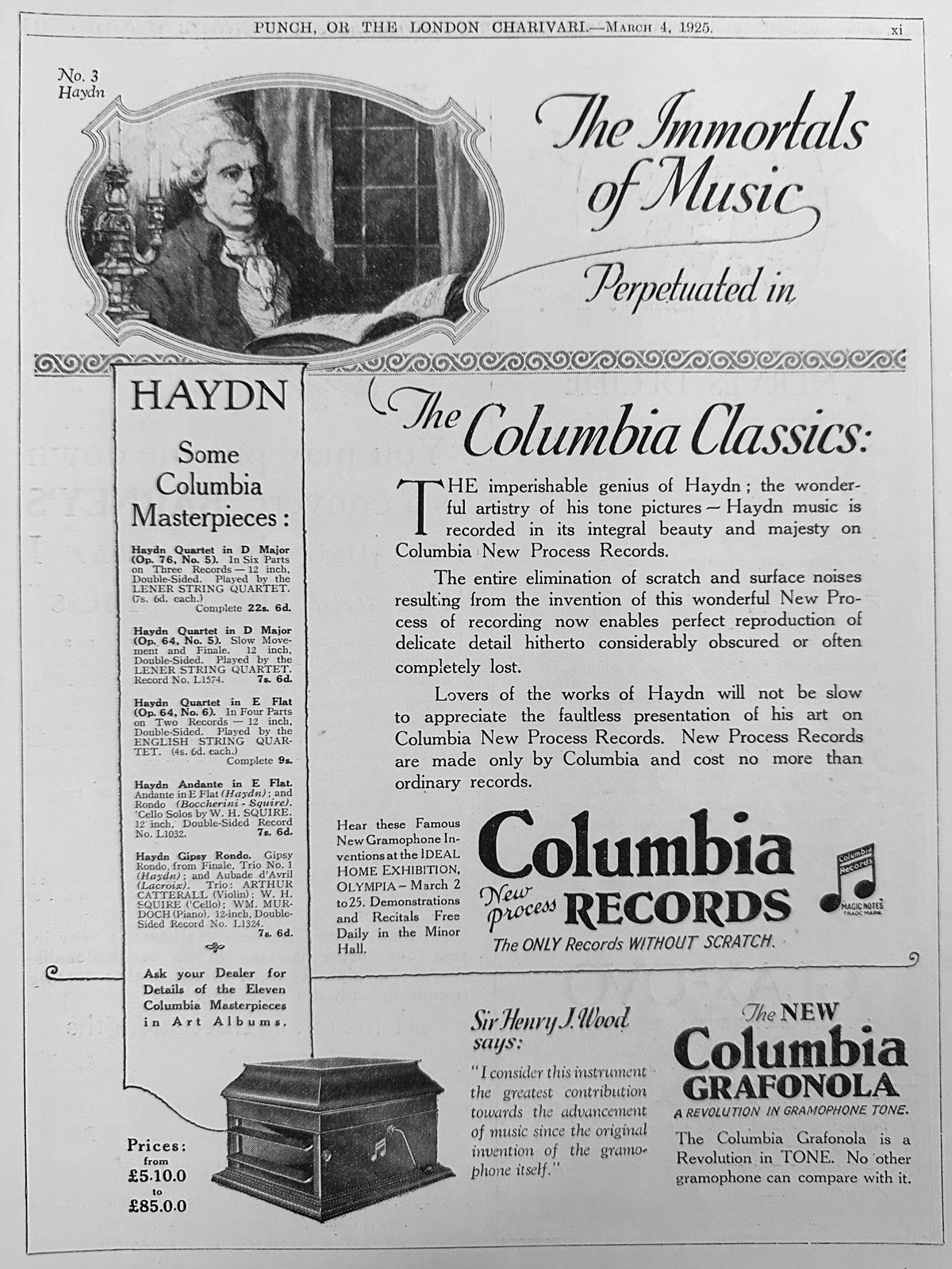 1925 Columbia Grafonola The Immortals of Music HAYDN British Ad #N1555