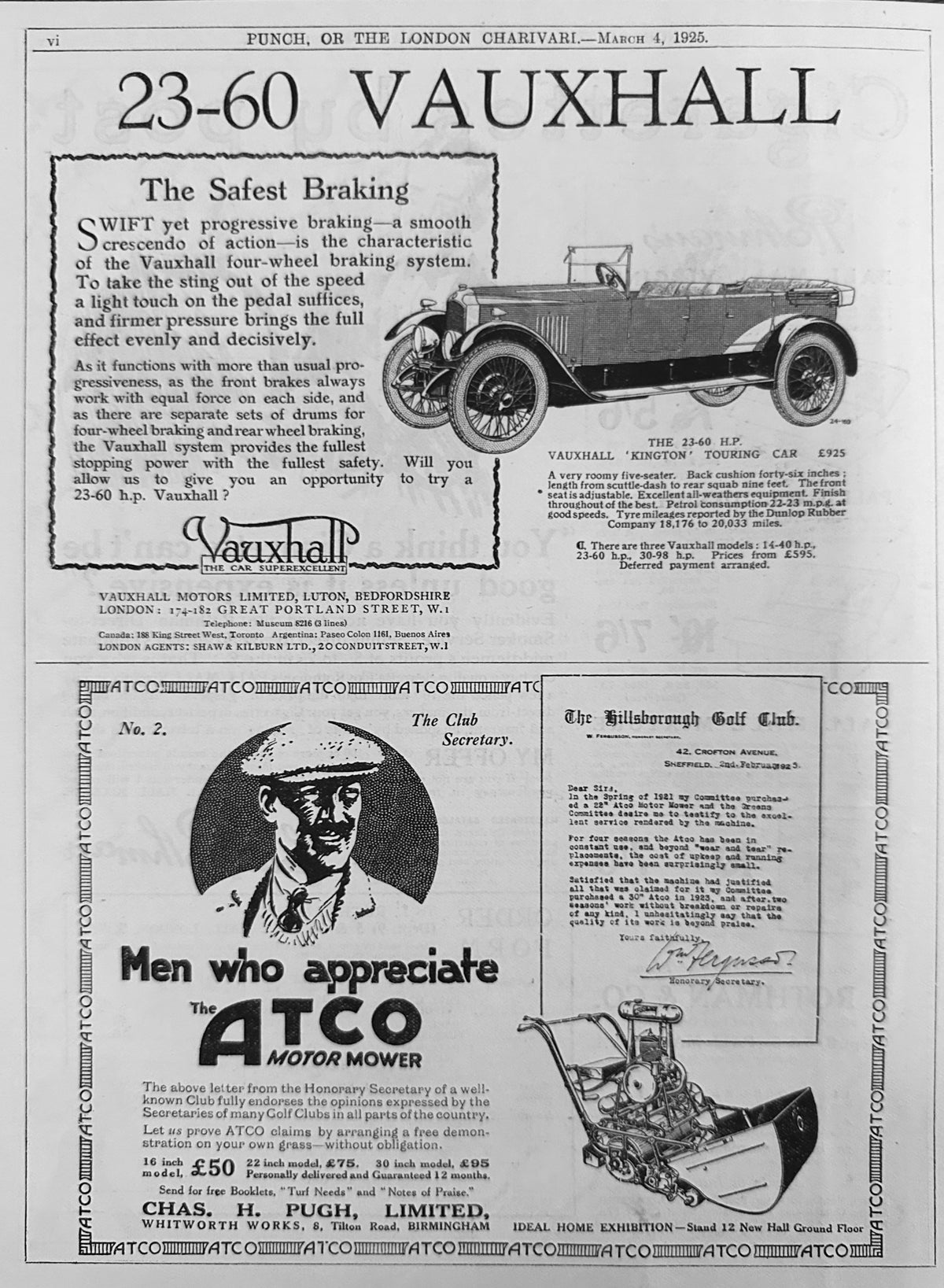 1925 2-up Ad Page - Vauxhall Motorcar & ATCO Lawn Mower - British Ad #N1554