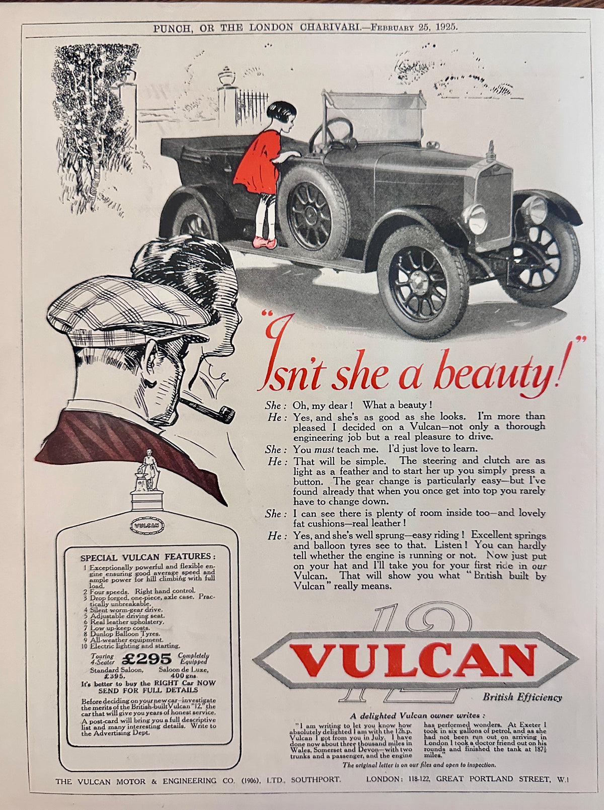 1925 Vulcan 12 British Motorcar - Isn't She a Beauty Ad #N1546
