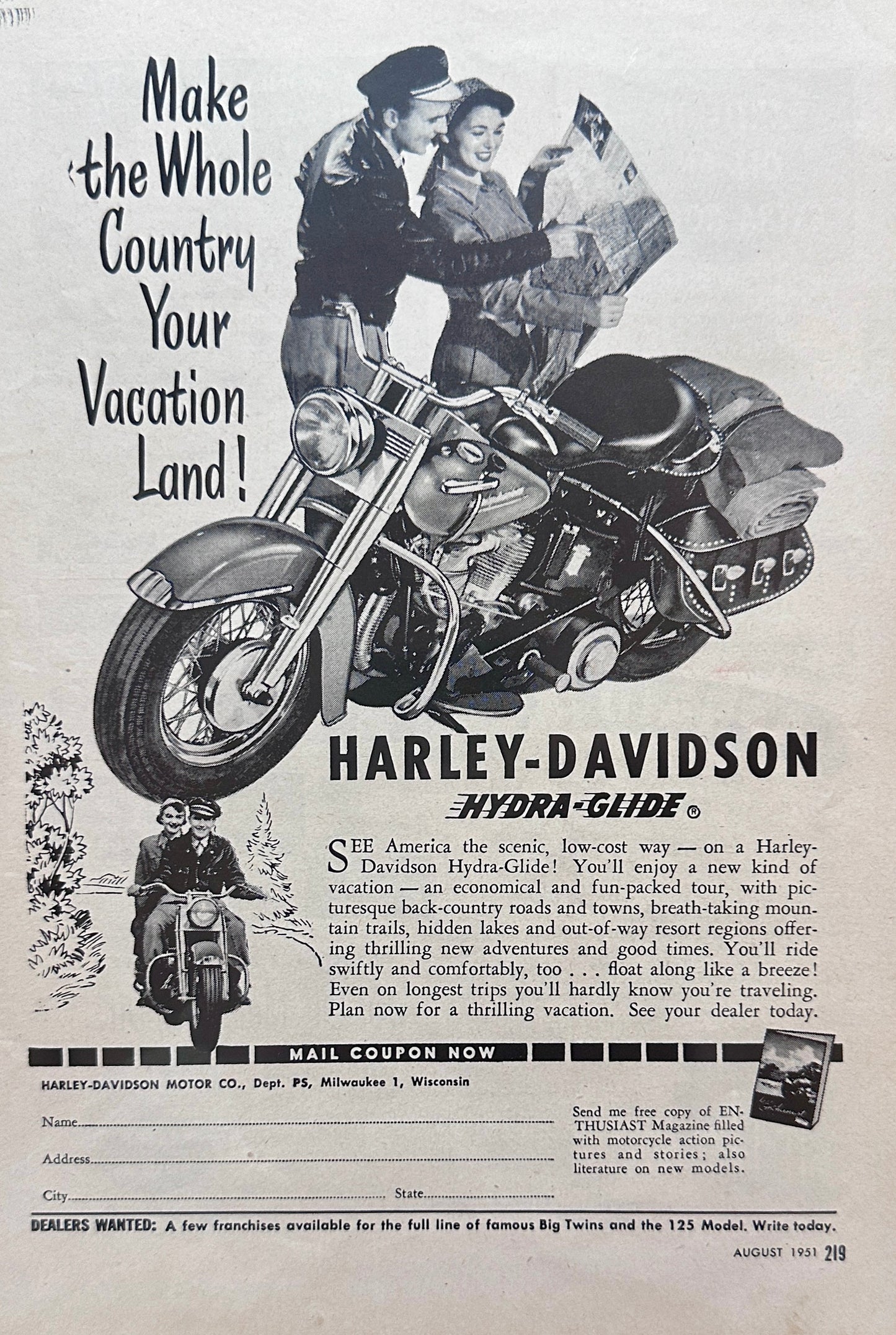 1951 Harley Davidson HD Hydra-Glide Bagger for your next vacation! Magazine Ad N447