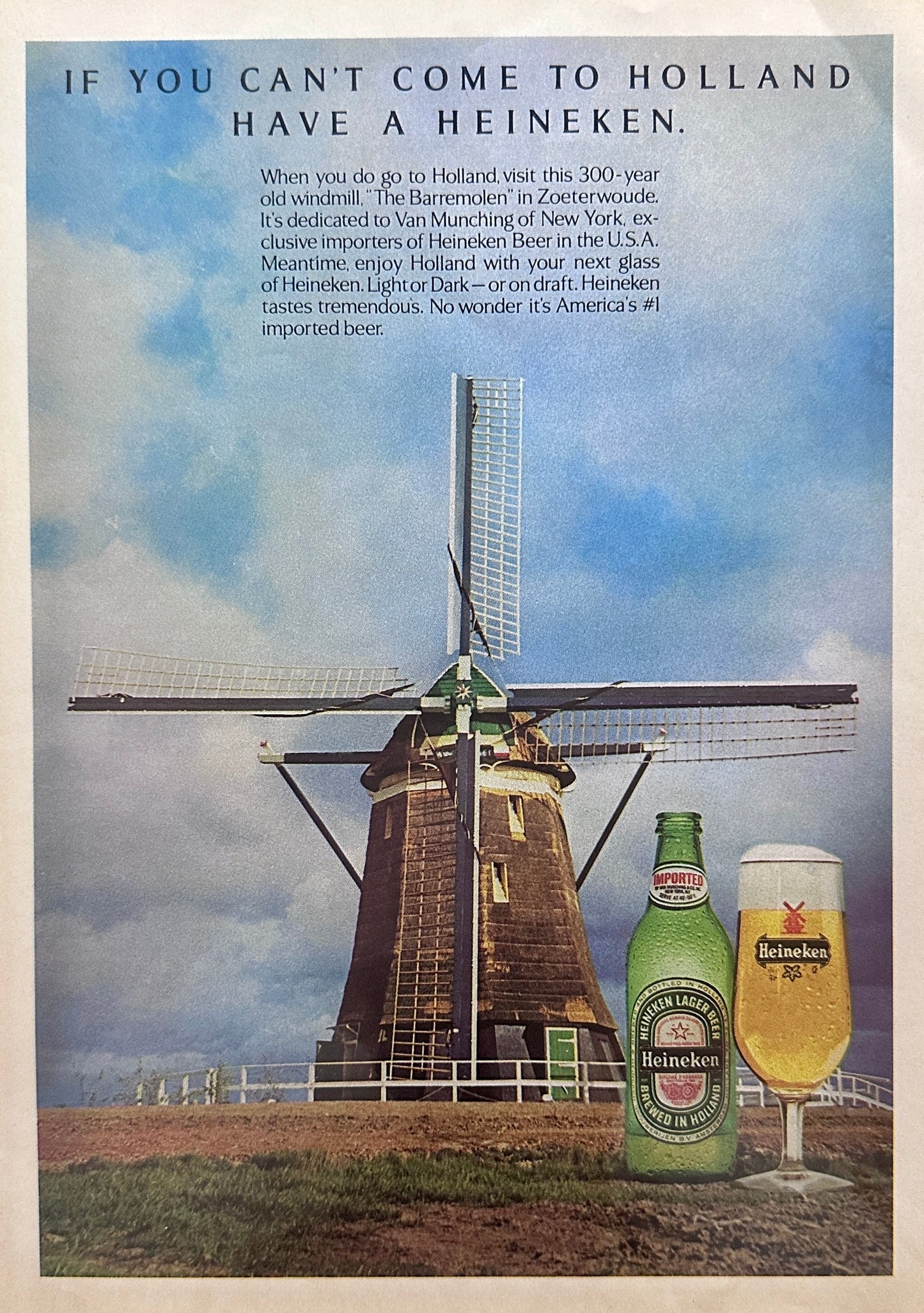 1976 Heineken Dutch Beer - Windmill in Background - Magazine Ad N467