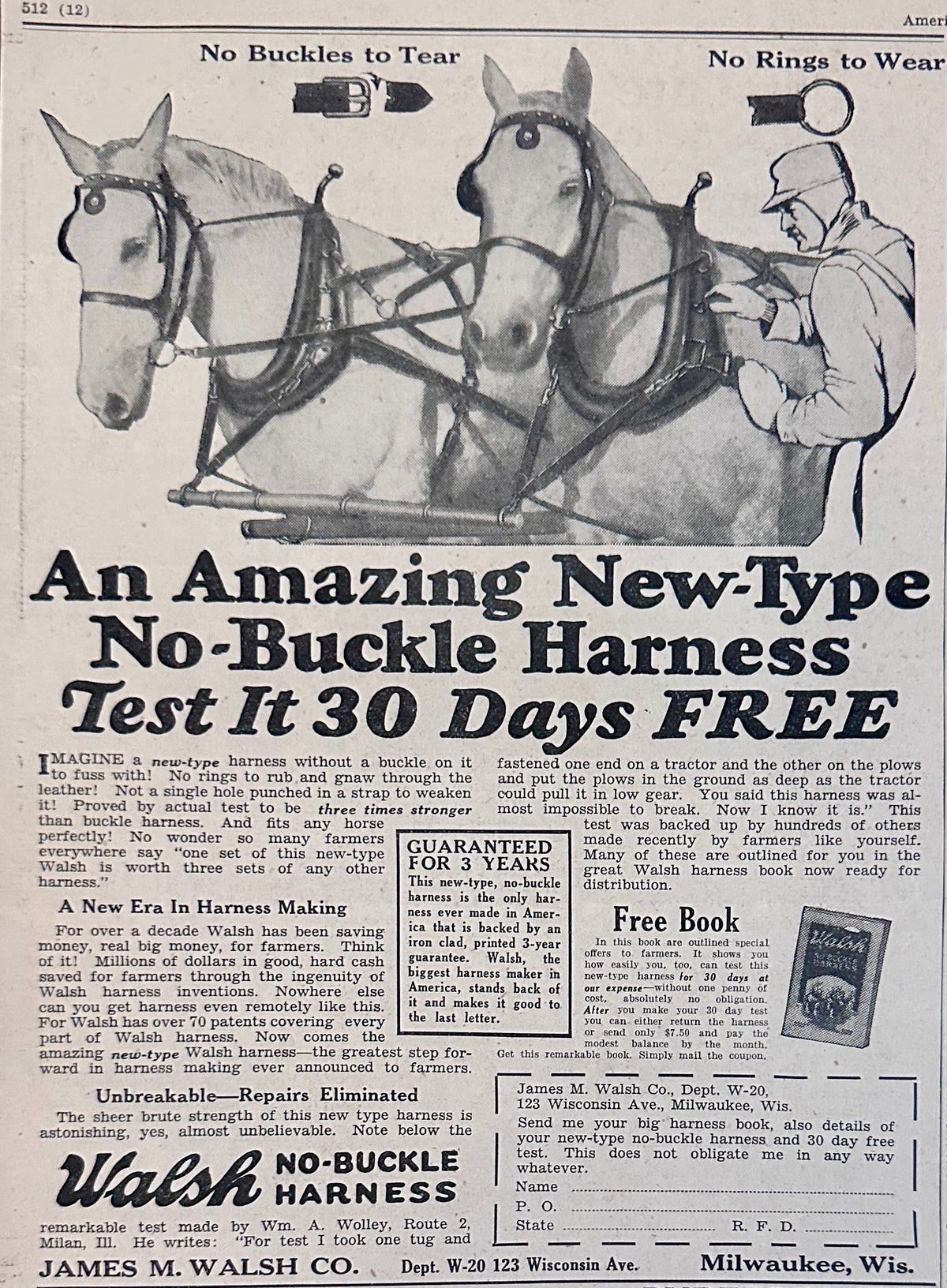 1927 Walsh No-Buckle Harness for Draft Horse Farm Work Ad #2294
