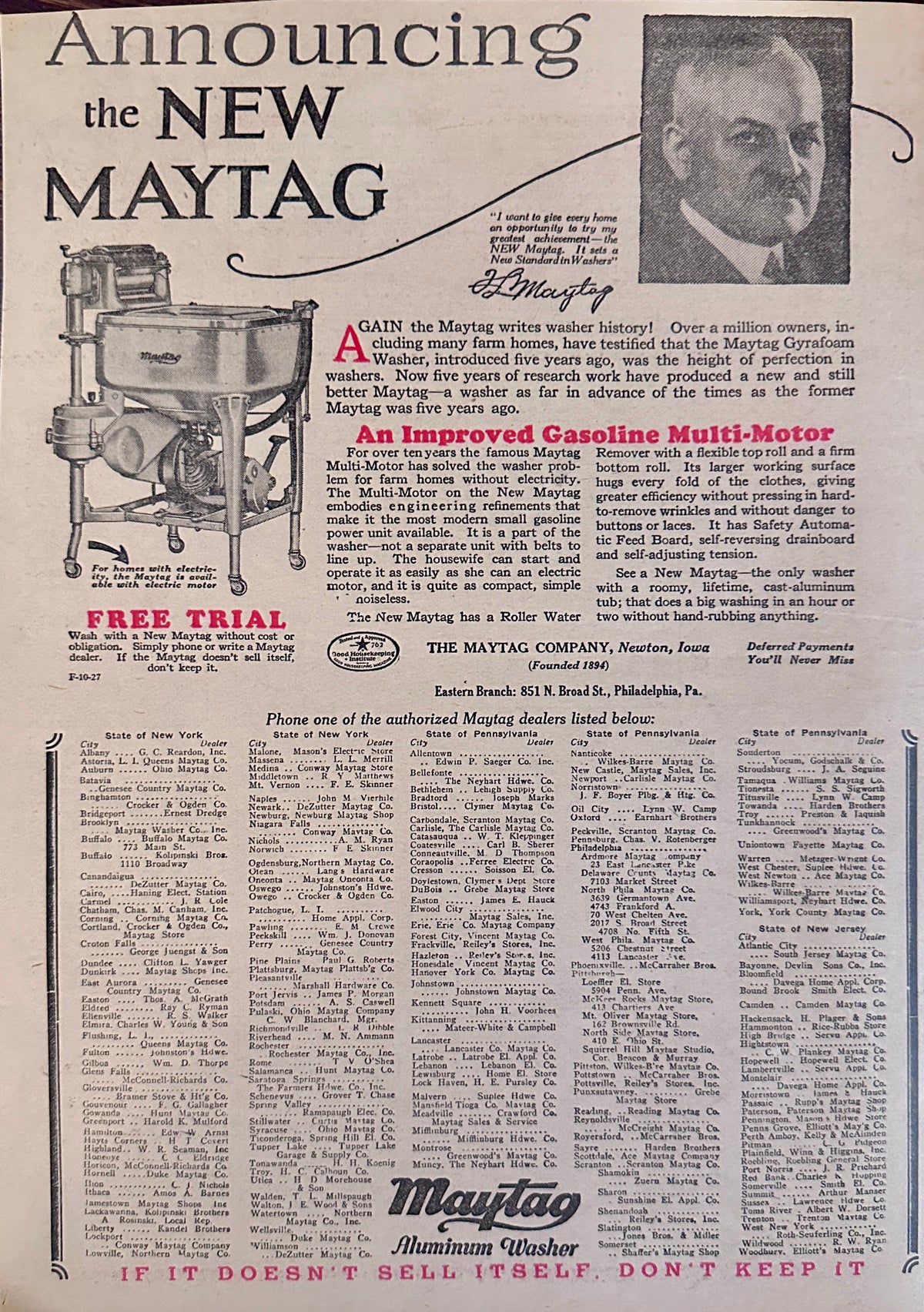 1927 Maytag Improved Gasoline Multi-Motor Free Trial - Ad #2296