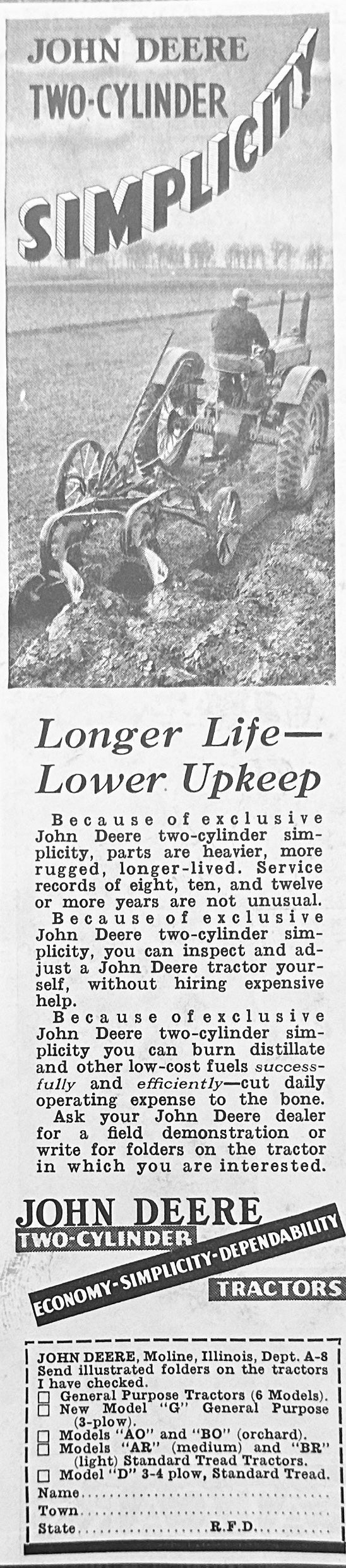 1937 John Deere two Cylinder Simplicity Edge Ad