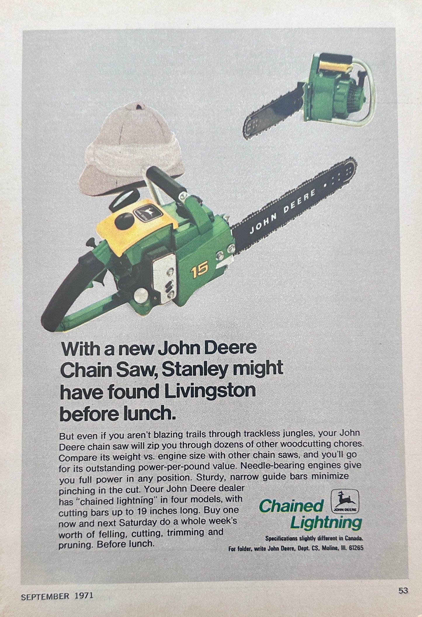 1971 John Deere Chain Saw - Chained Lightning - Vintage Ad N550