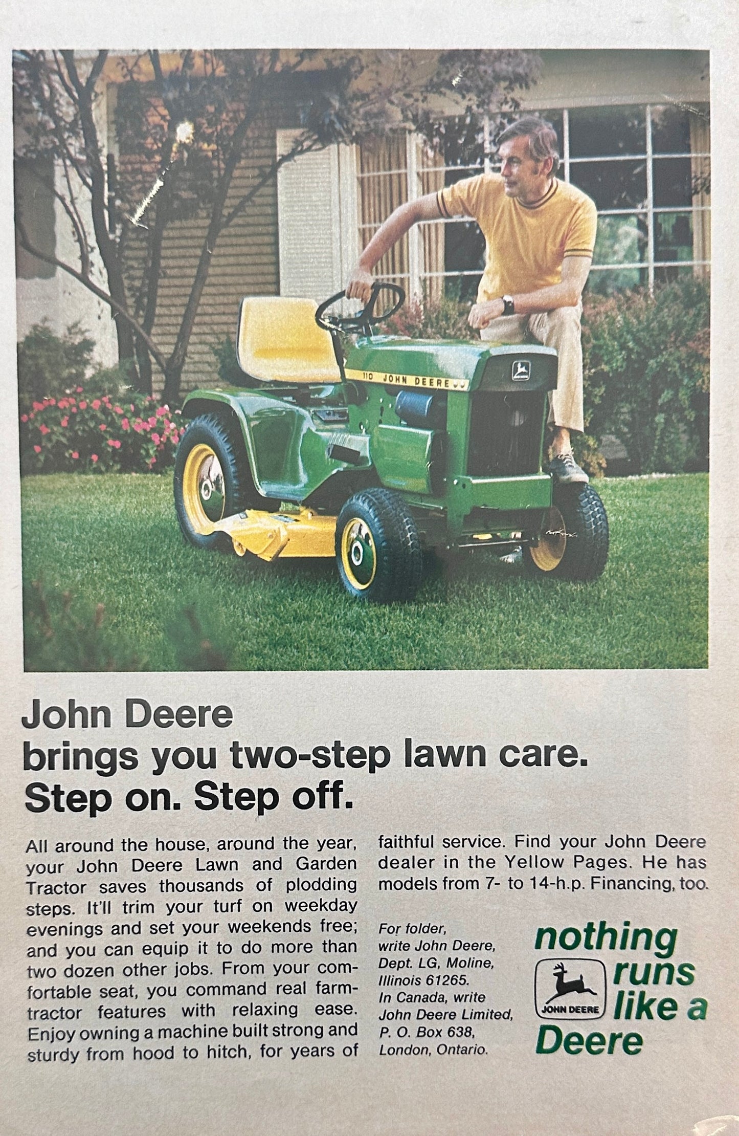 1973 John Deere 110 Lawn Tractor - Two Step - Step On Step Off Vintage Ad N551