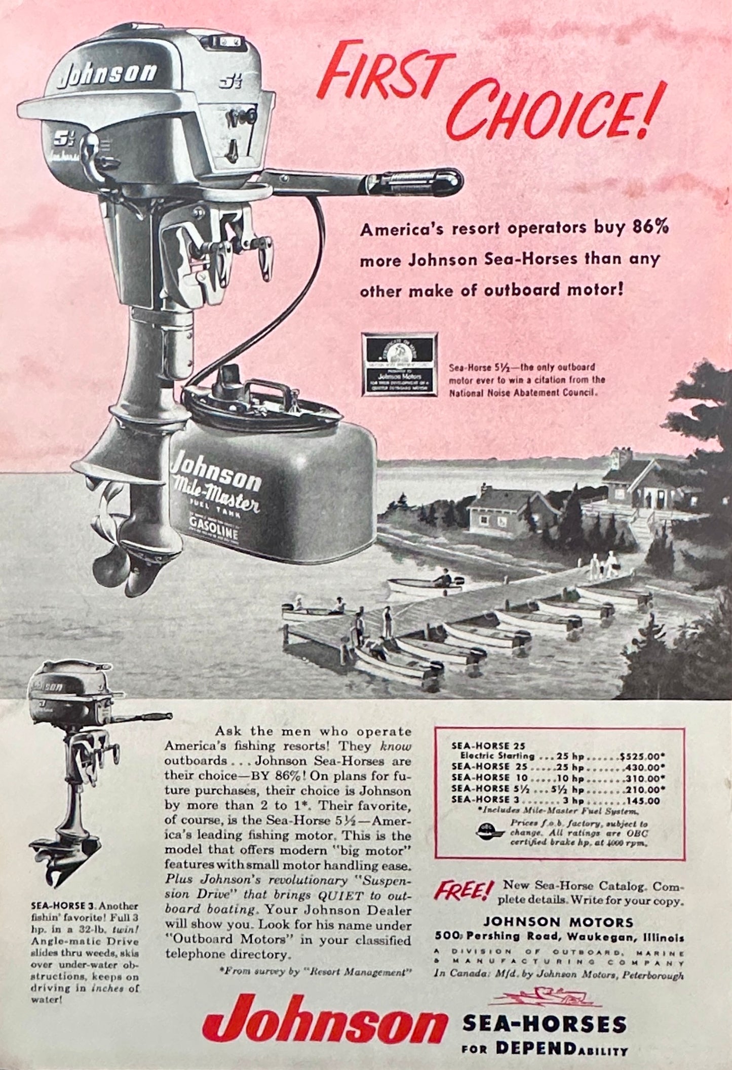 1955 Johnson Sea-Horse Outboard Motors - First Choice - Vintage Ad N511