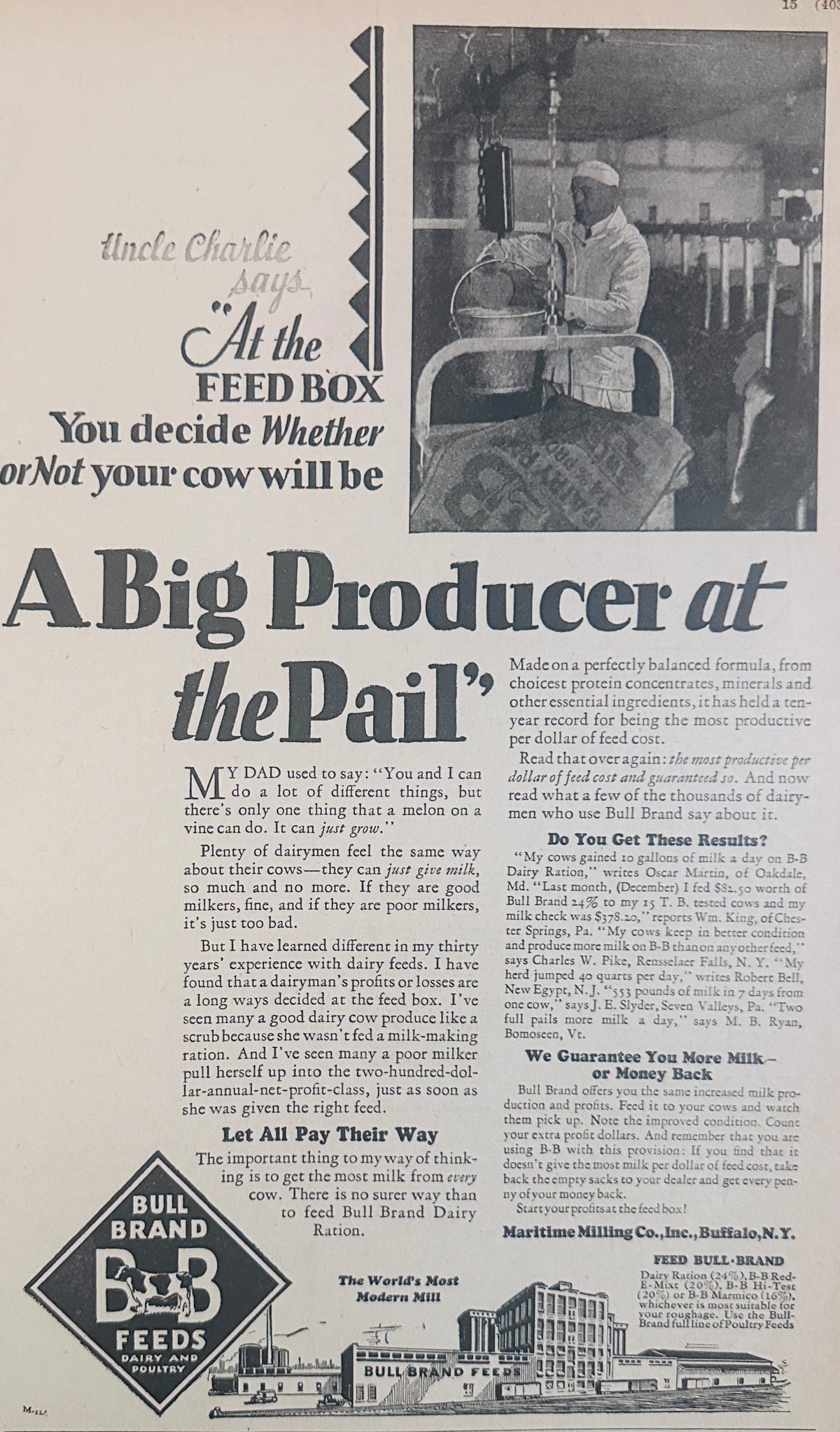 1928 Bull Brand Feeds - Dairy & Poultry - Big Producer at the Pail Ad #2331