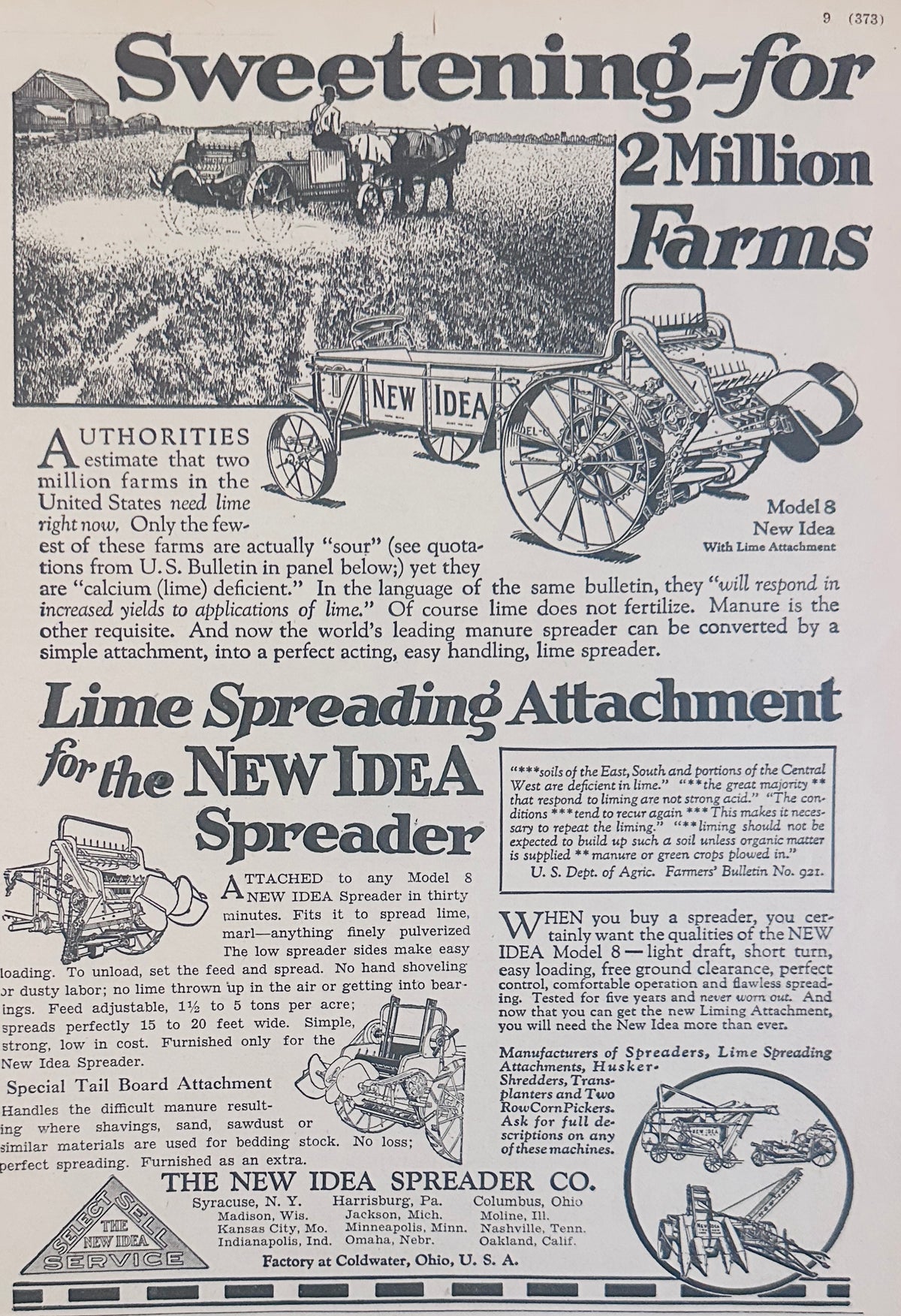 1929 Sweetening for 2 Million Farms New Idea Lime Spreader Ad #2332