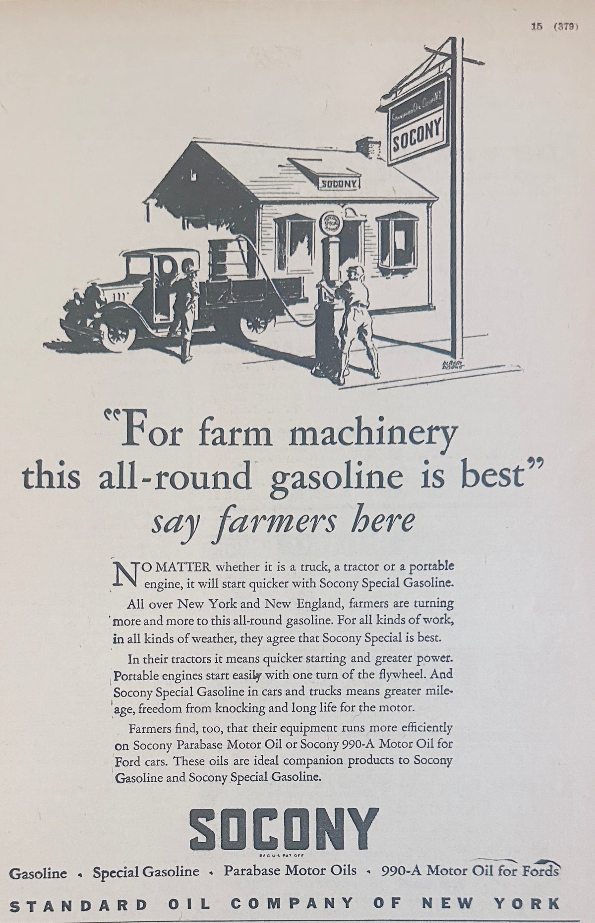 1929 SOCONY This All Around Gasoline is Best For Farm Machinery Ad #2333 & 2340