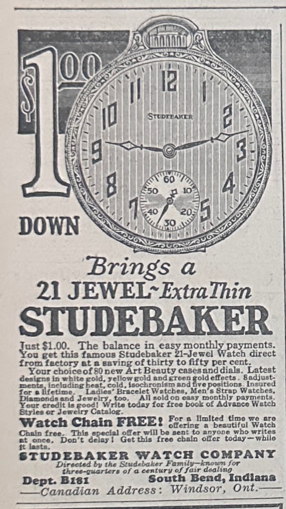 1929 VERY SMALL Studebaker 21 Jewel Pocket Watch Ad #2333