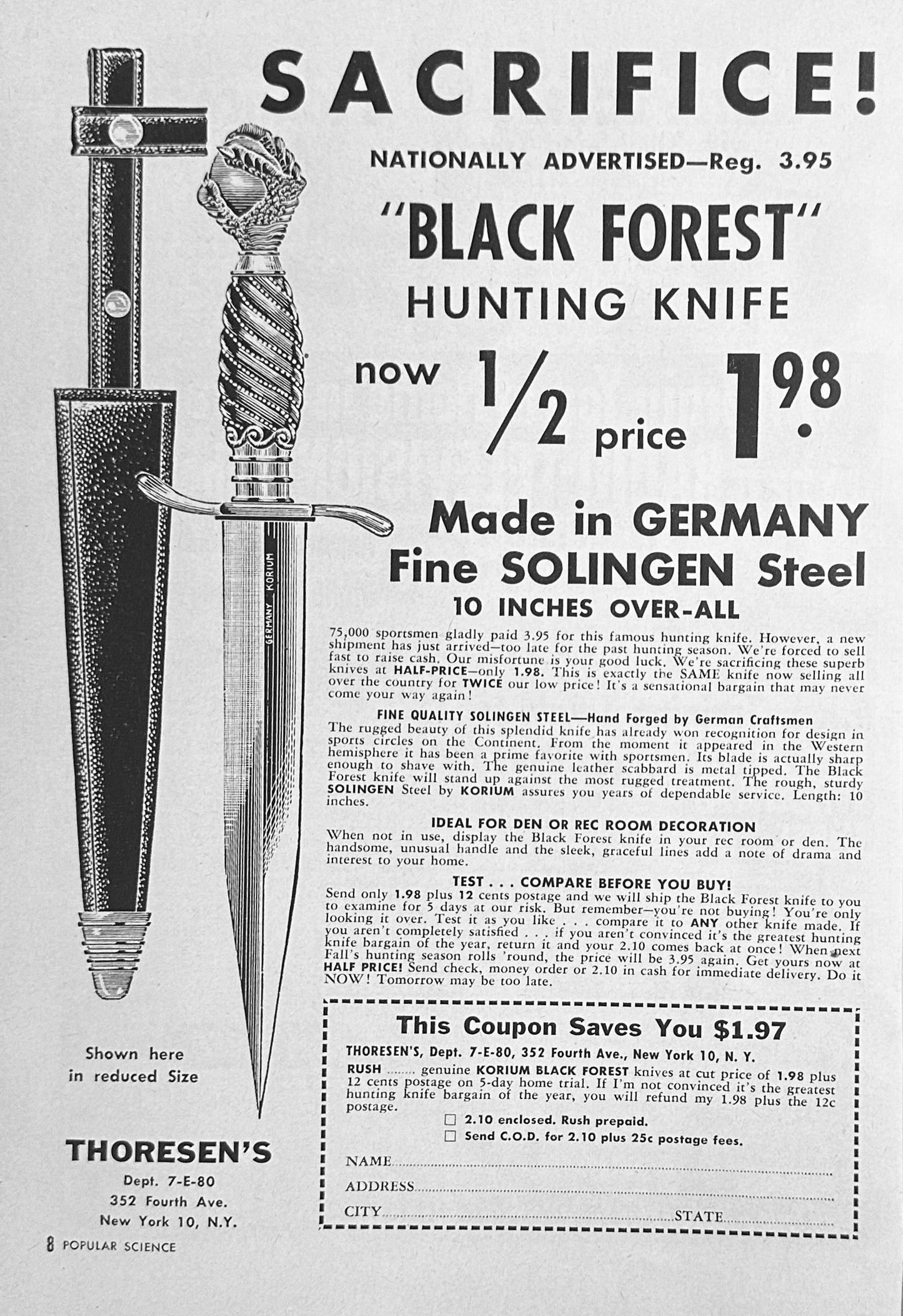 1955 Korium Black Forest Hunting Knife Magazine Ad N572