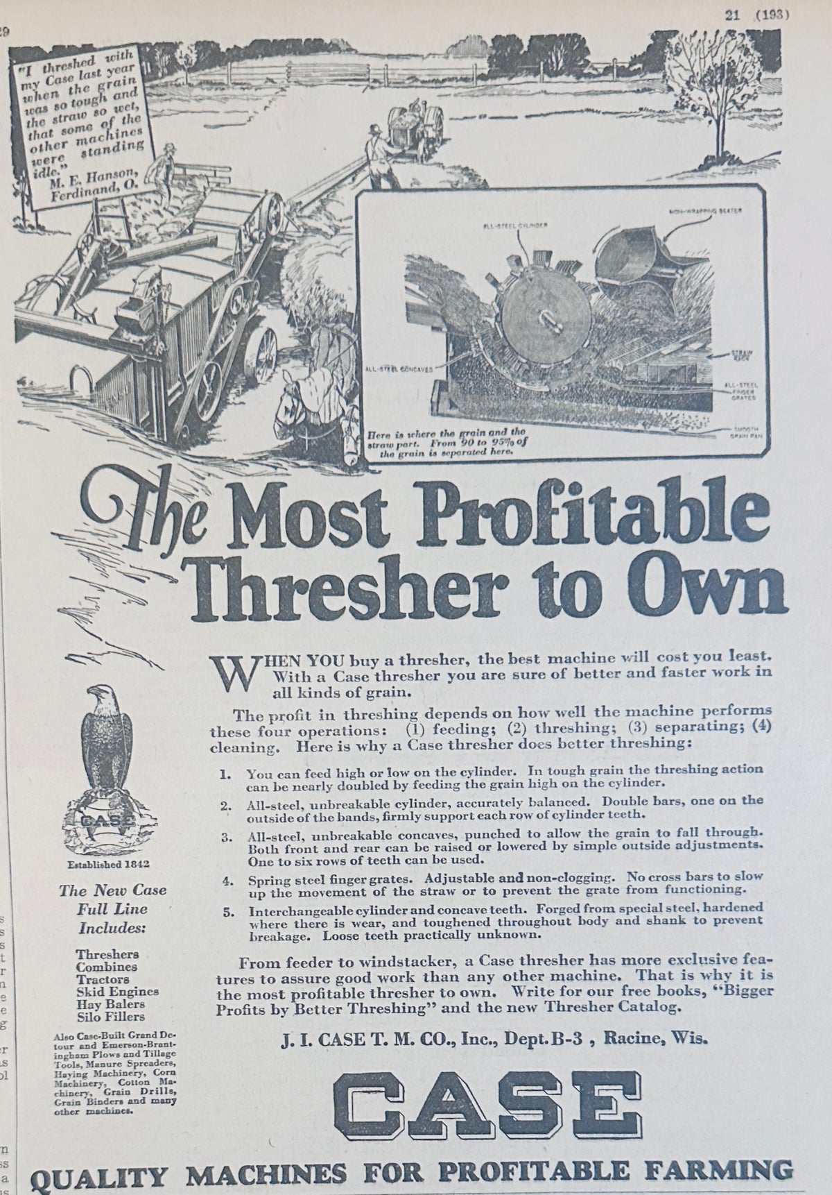 1929 CASE The most Profitable Thresher To Own Ad #2347