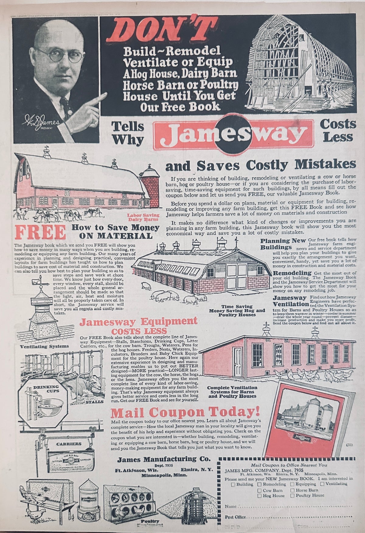1929 JAMESWAY Farm Buildings, Hog House, Dairy Barn, Horse Barn ++ Ad #2348