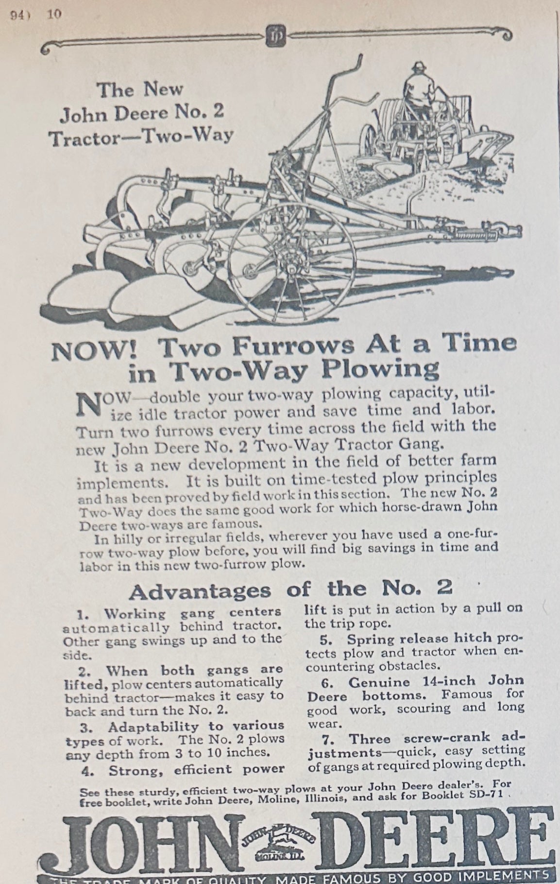 1929 John Deere No. 2 Tractor Two-Way Plowing Ad #2352