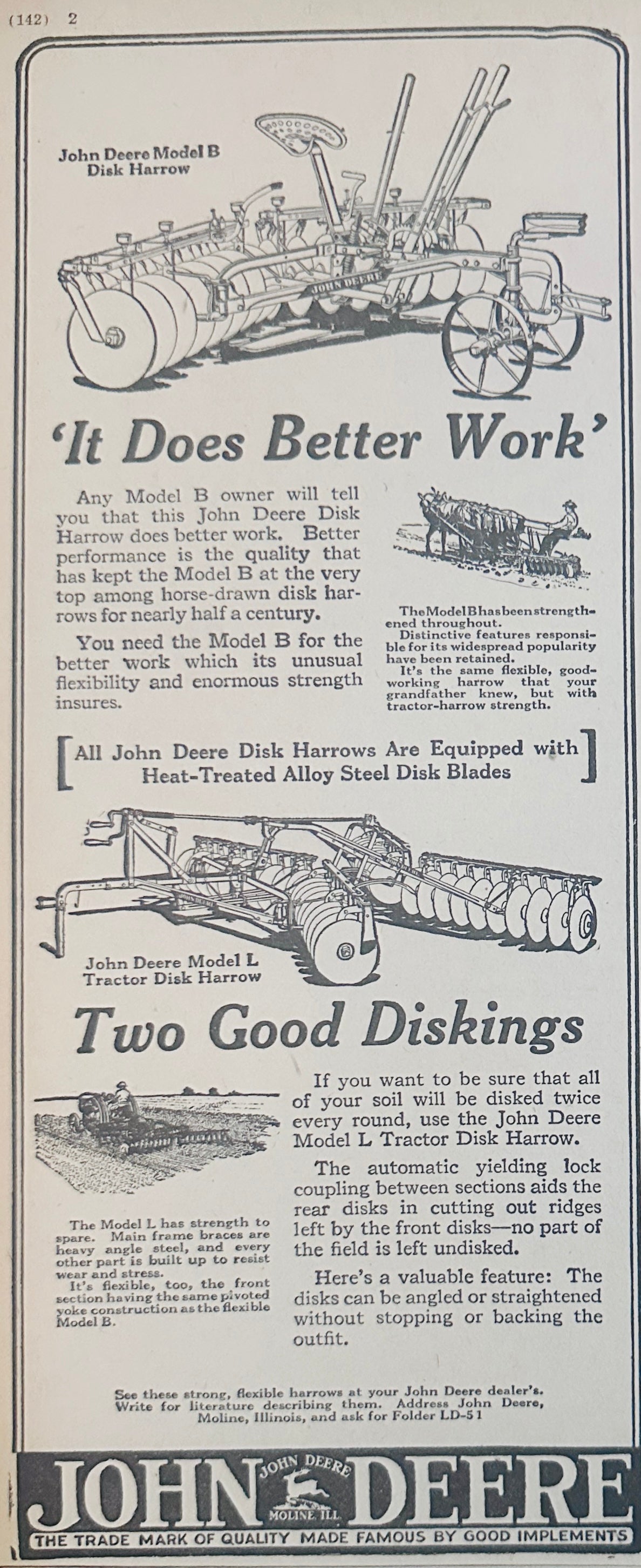 1929 John Deere Disc Harrow It Does Better Work Ad #2356
