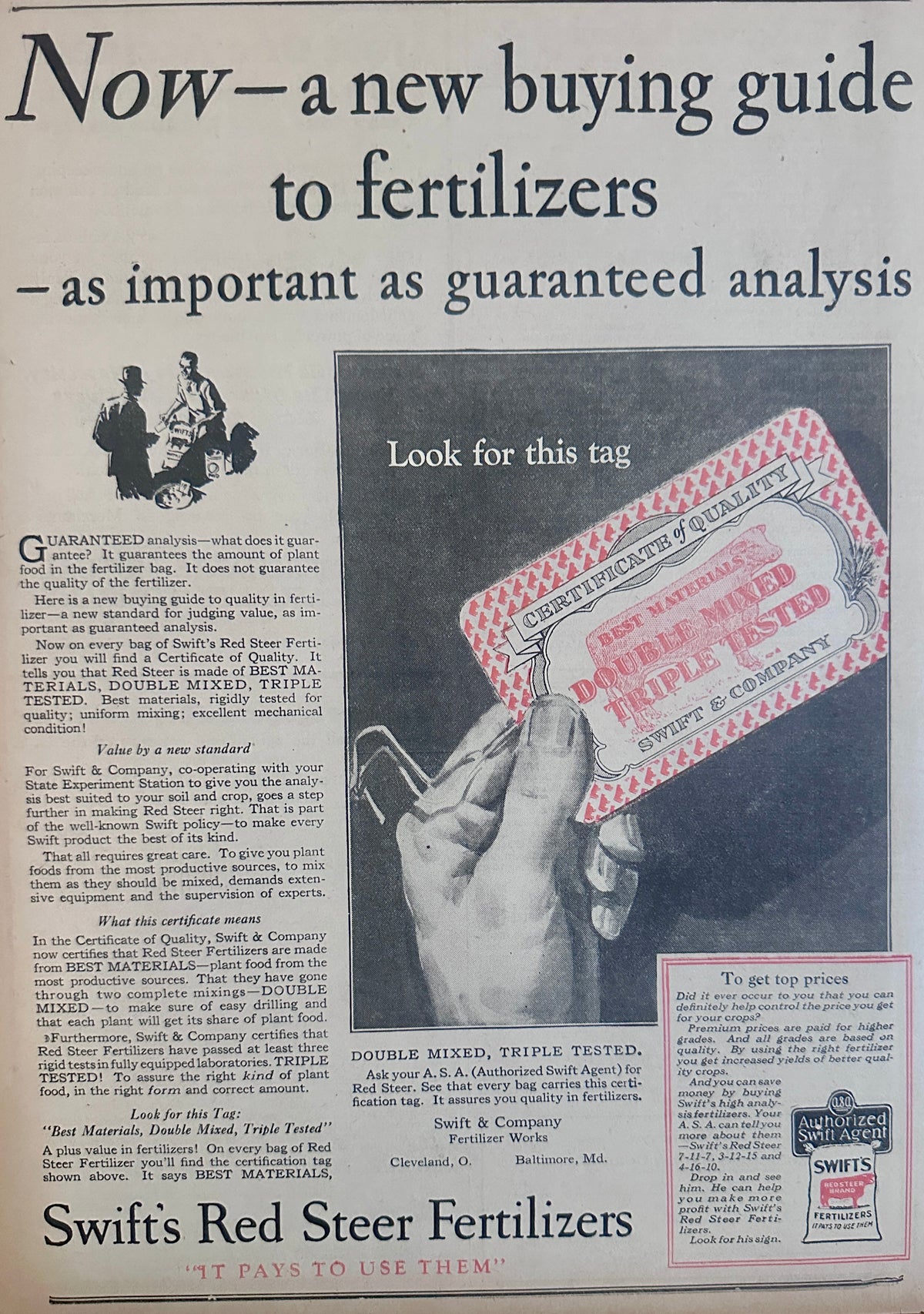 1929 Swift's Red Steer Fertilizers Double Mixed - Triple Tested Ad #2358