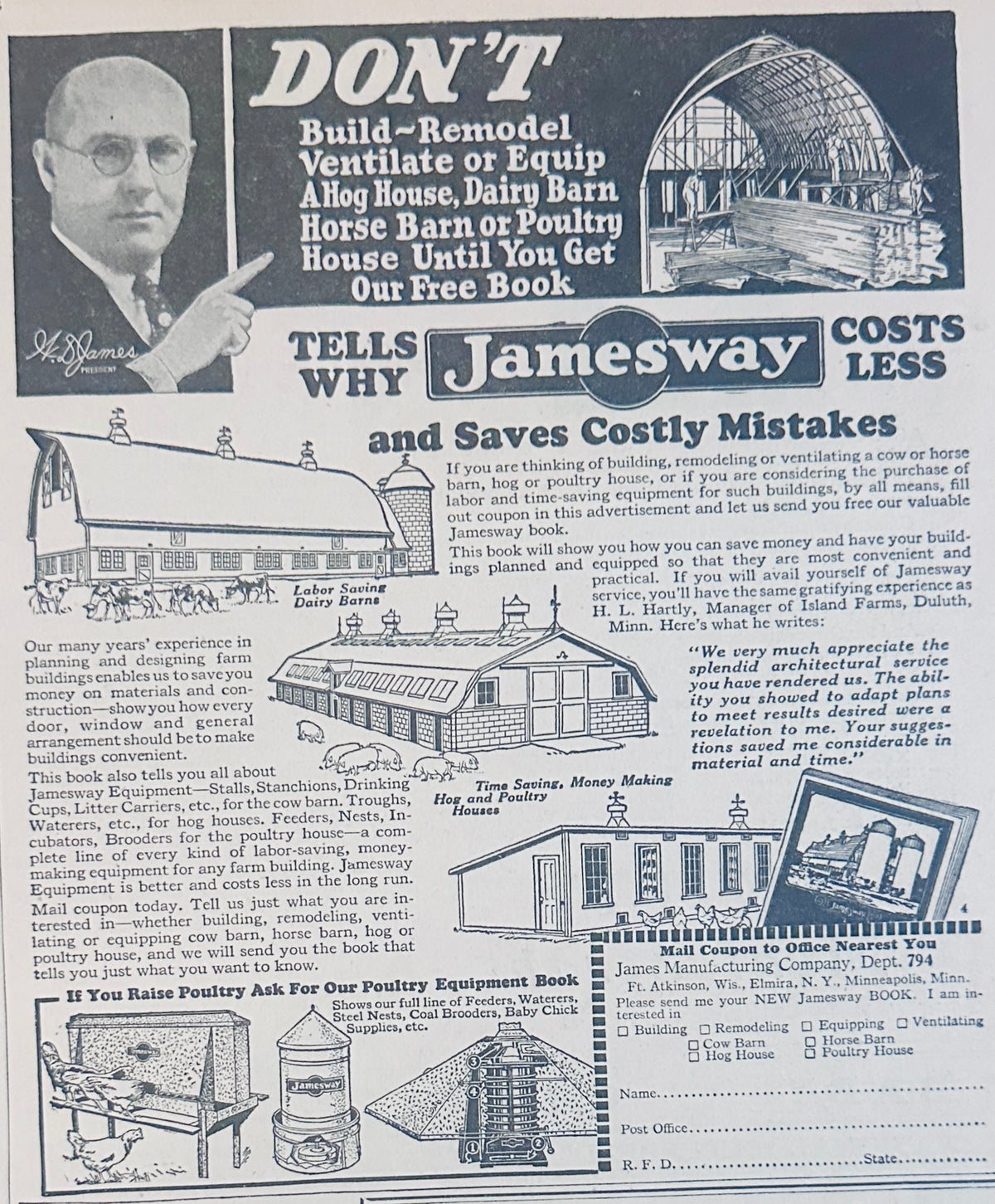 1928 JAMESWAY Farm Buildings, Hog House, Dairy Barn, Horse Barn ++ Ad #2360