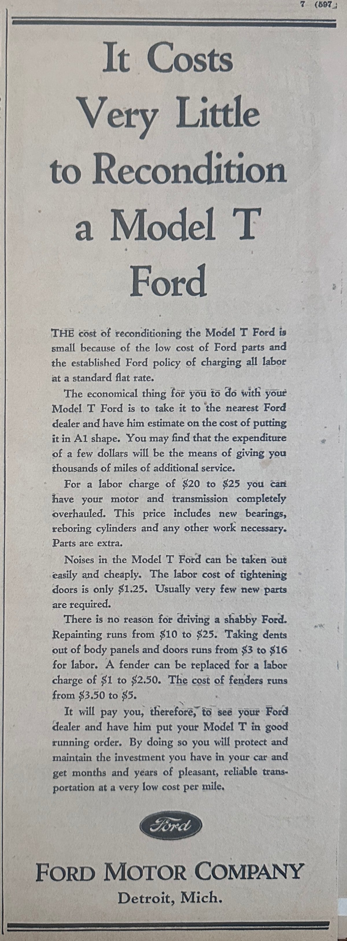 1928 Model T Ford - Costs Very Little to Recondition Ad #2363