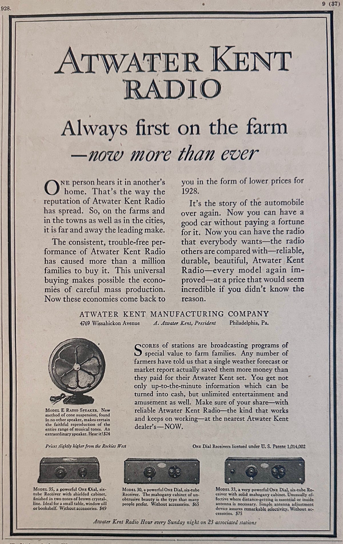 1928 Atwater Kent Radio - Always First on the Farm AD #2365