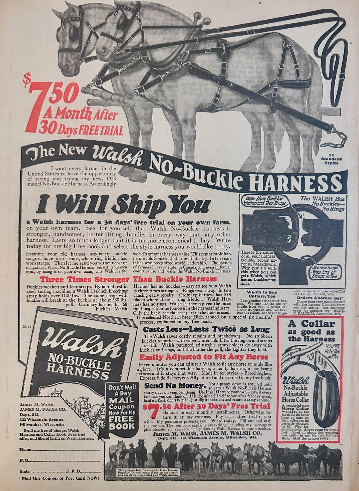 1928 Walsh No-Buckle Harness for Draft Horse Farm Work Ad #2368