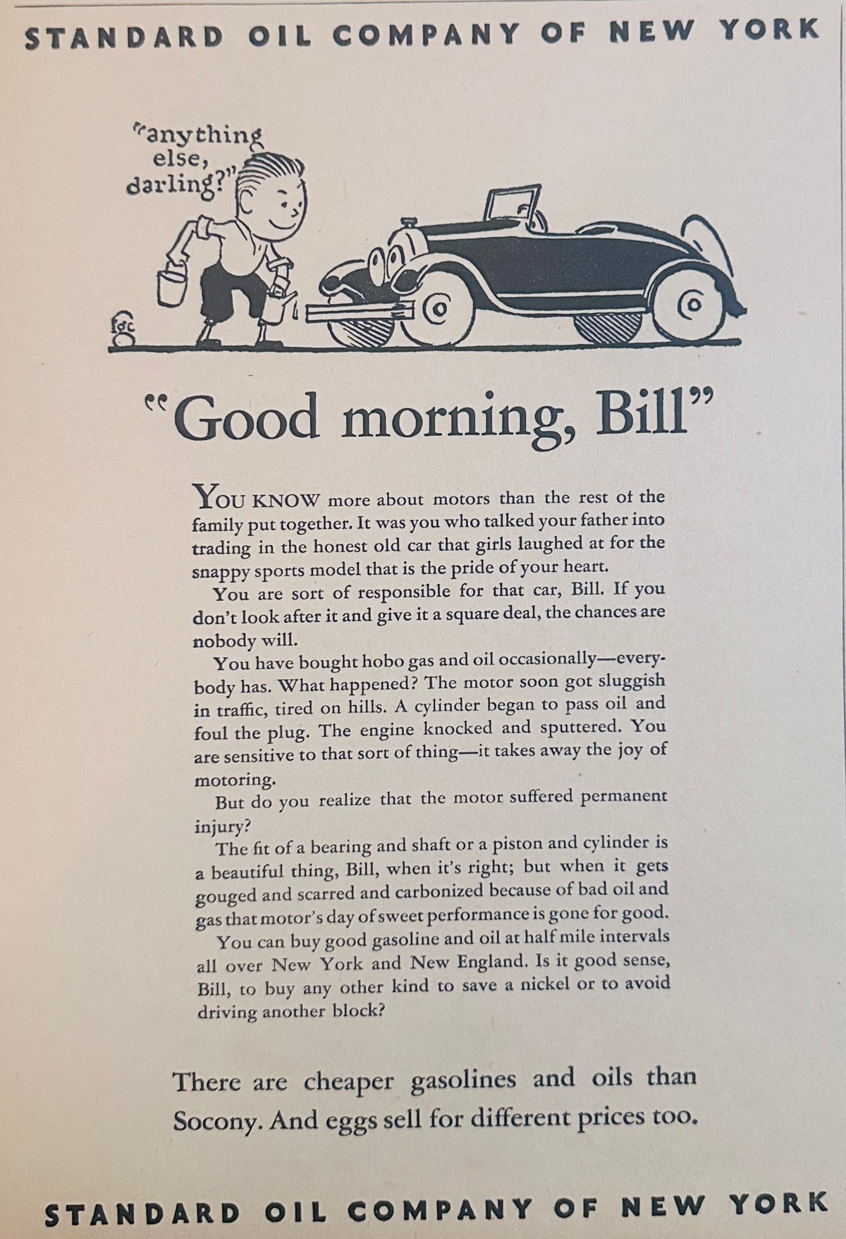 1928 SOCONY All Around Gasoline Good Morning Bill Ad #2370