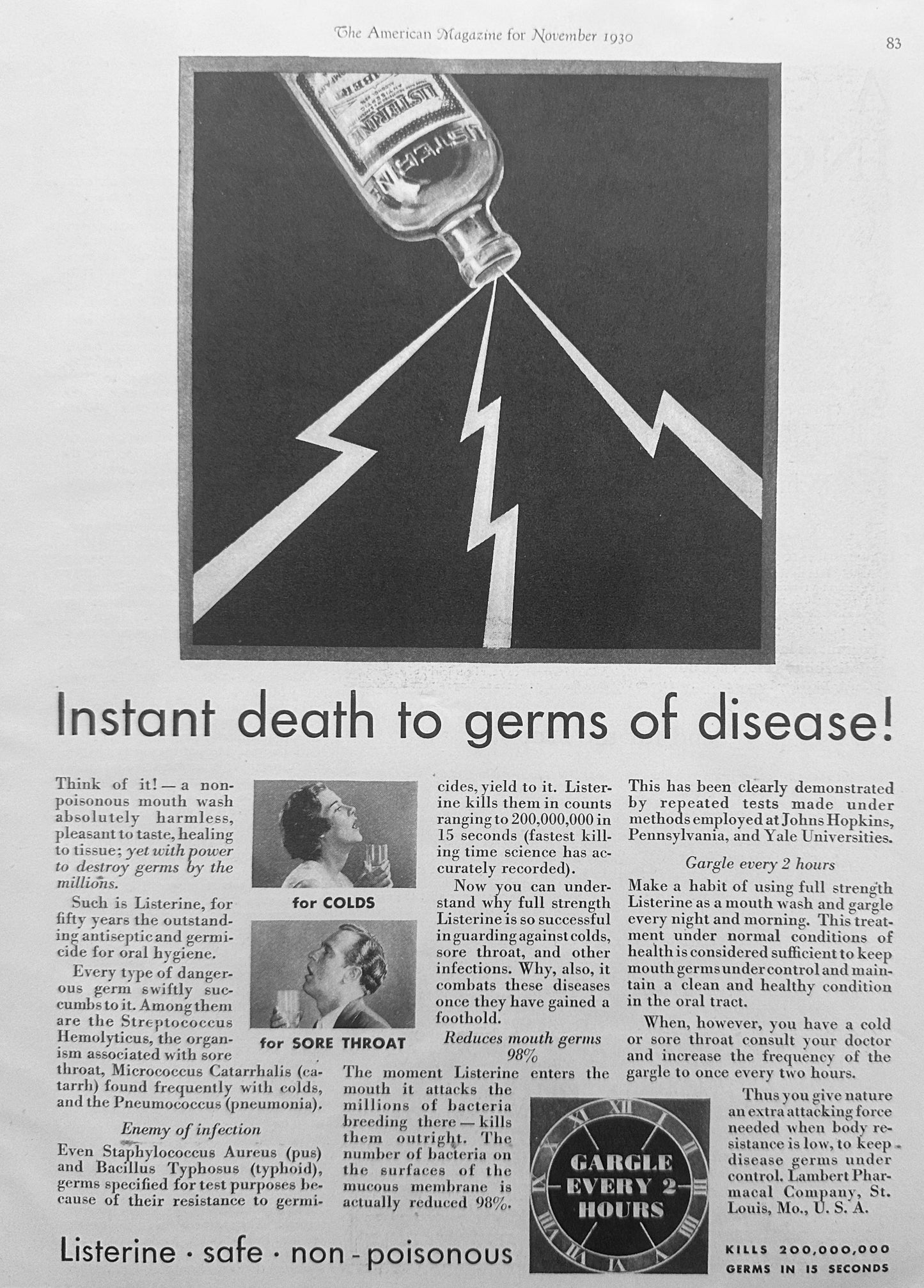 1930 Listerine Gargle Every 2 Hours! Magazine Ad