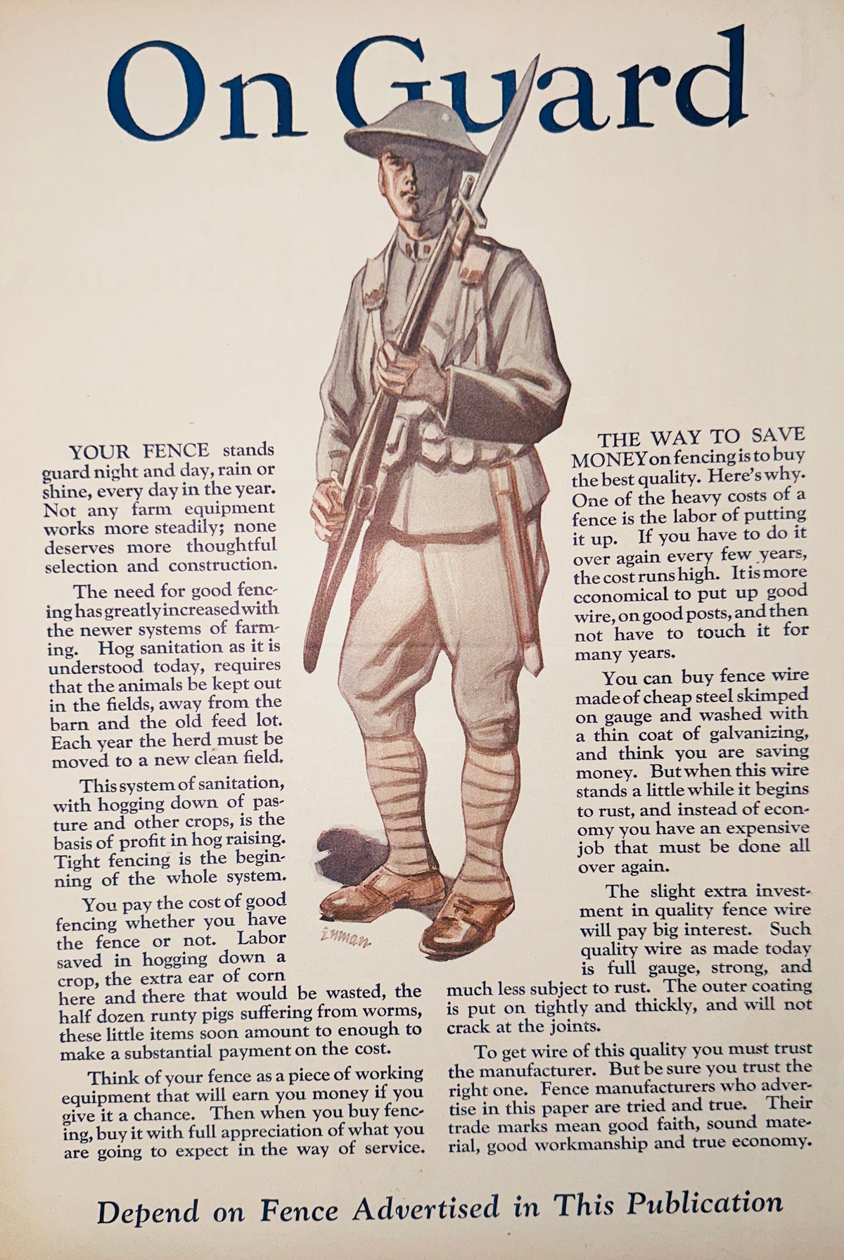 1928 American Agriculturist PSA - WWI Soldier On Guard (Fencing) Ad #2382