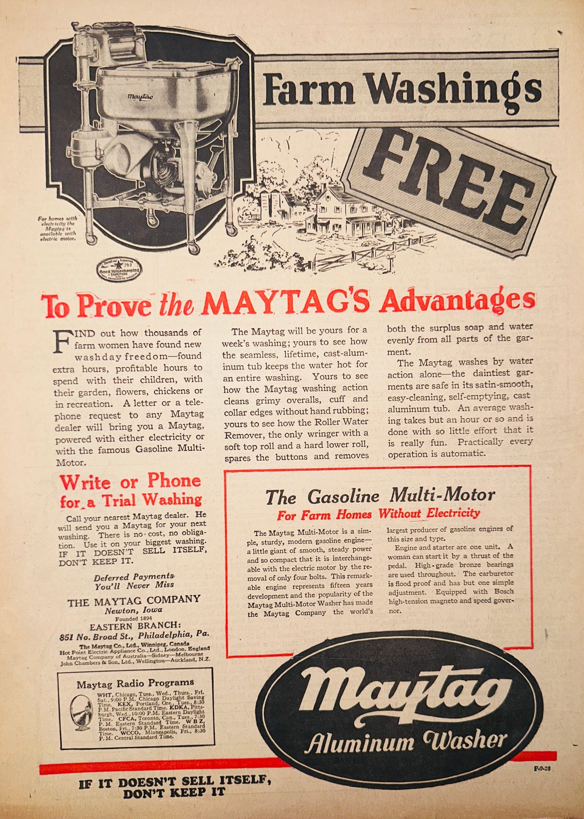1928 Maytag Aluminum Washer Farm Washings Ad #2383