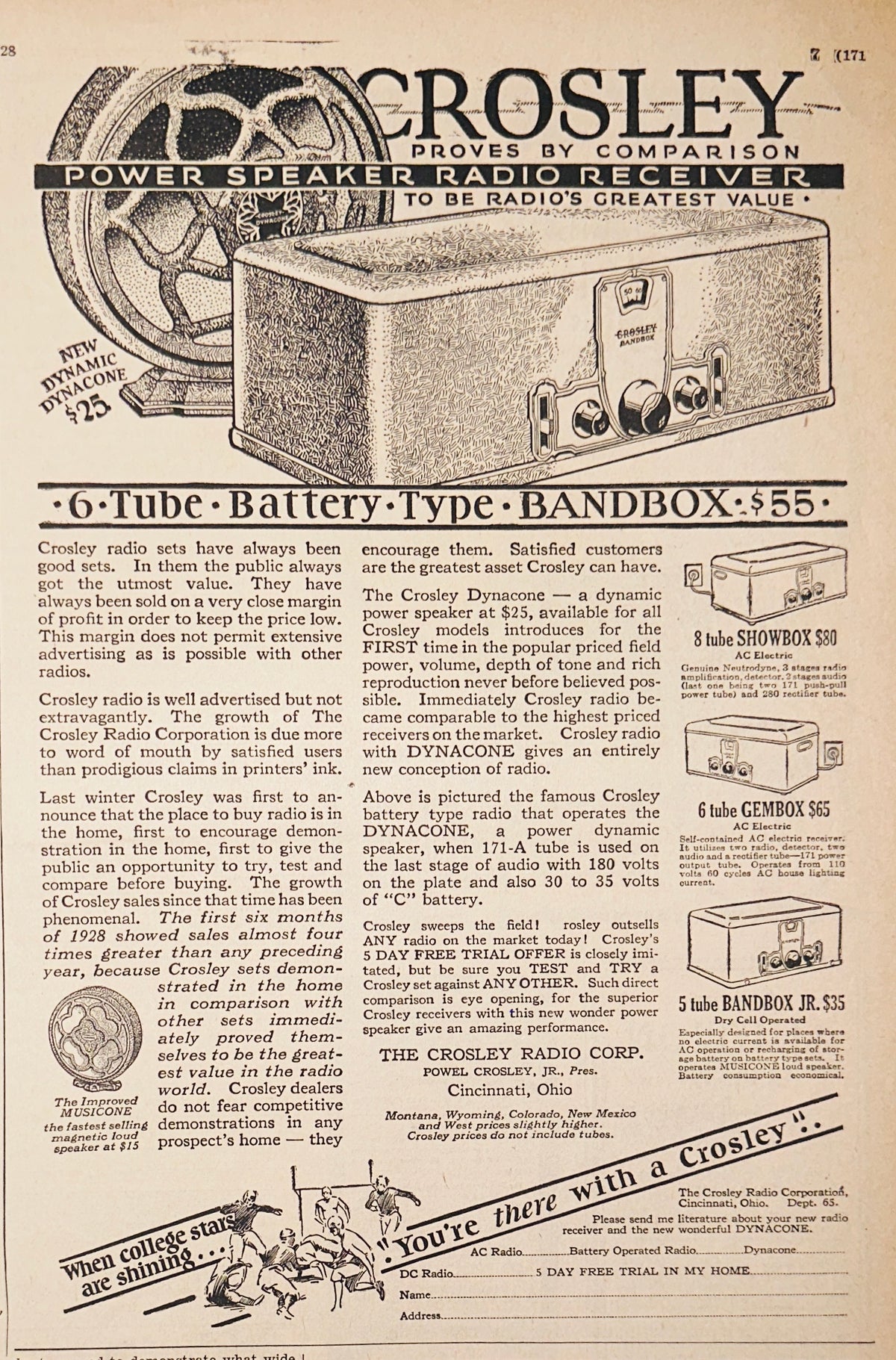 1928 - Crosley 6-Tube Battery-Type Bandbox Radio Ad #2384