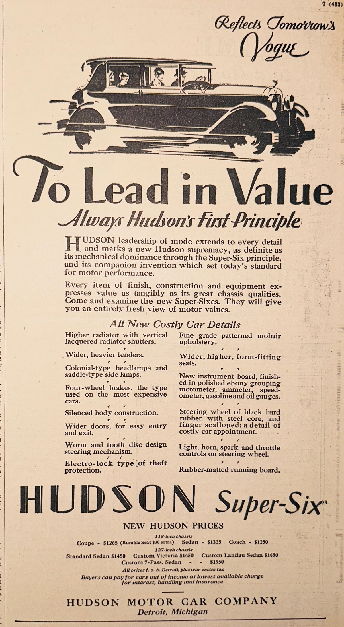 1928 Hudson Super Six To Lead in Value AD #2385
