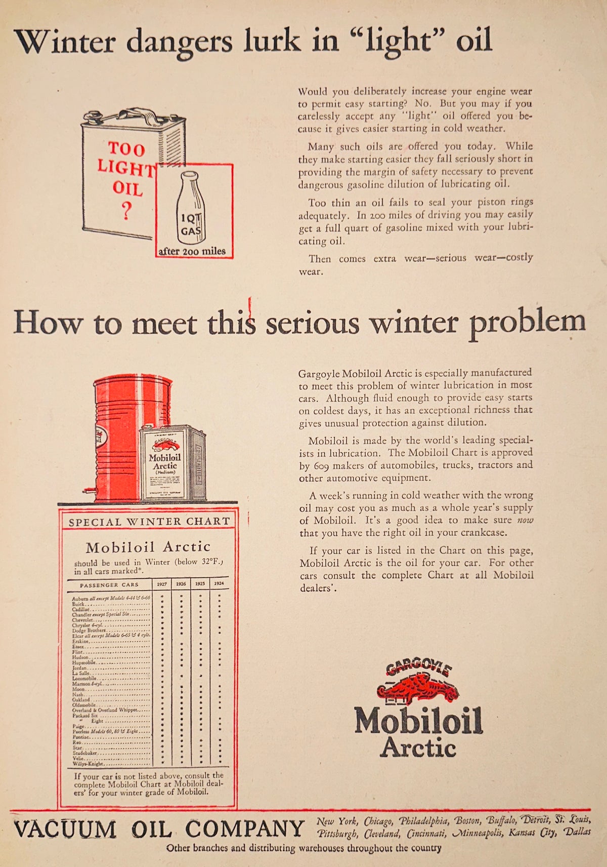 1928 Mobiloil Oil Winter Dangers Lurk in "light" Oil Ad #2388