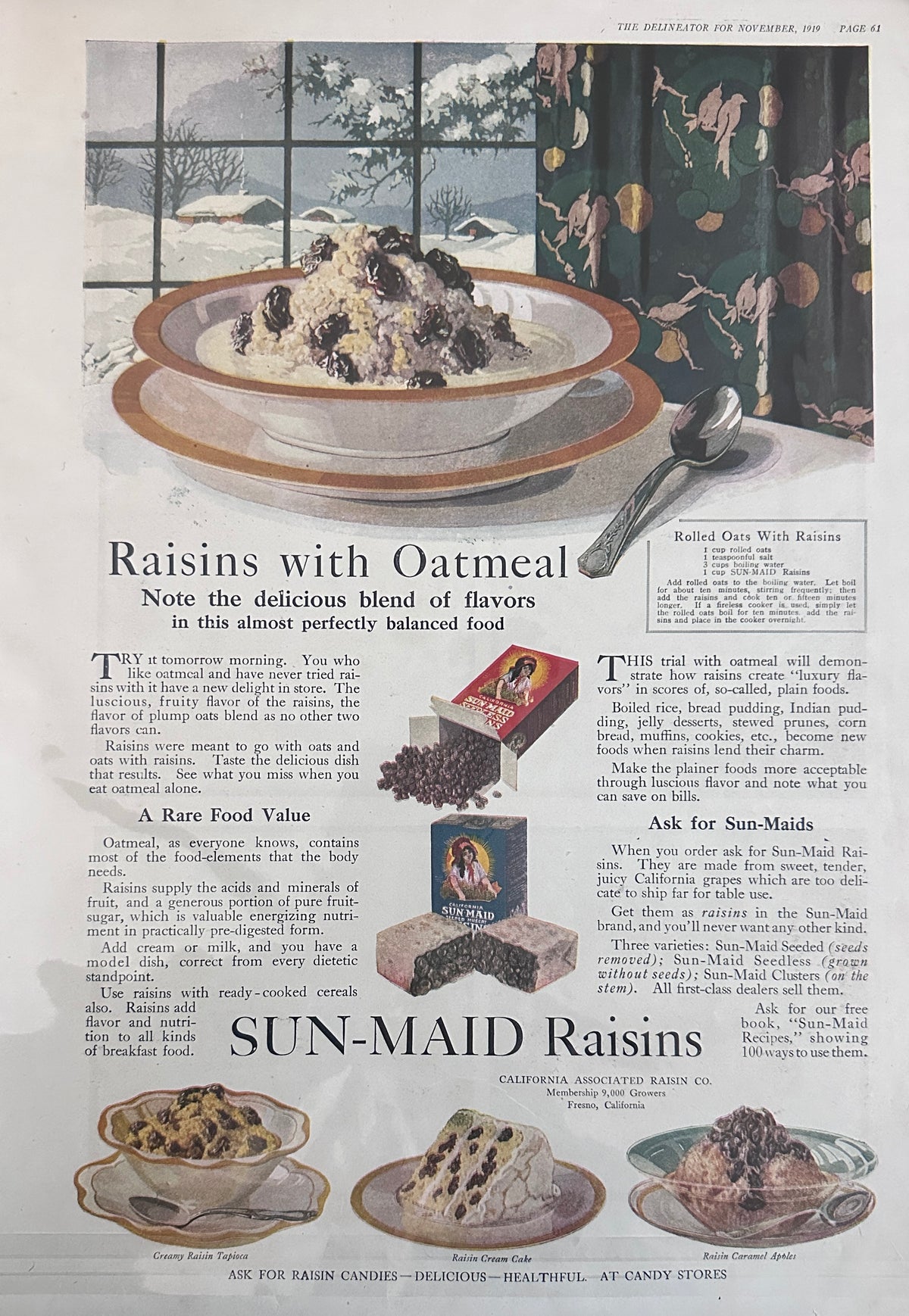 1919 Sun-Maid Raisins Cereal Topping, Cake Ingredient, + More Ad #2395