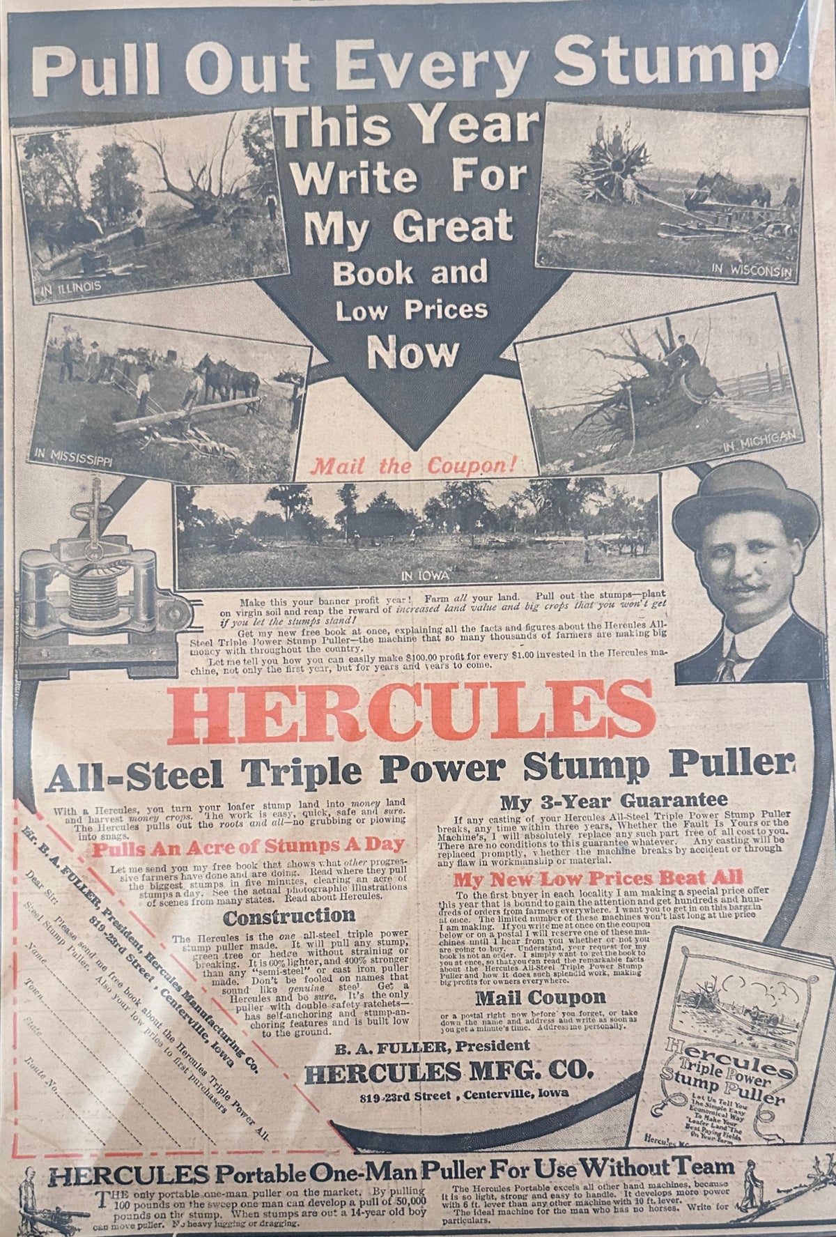 1914 Hercules All-Steel Triple Power Stump Puller Ad #2394