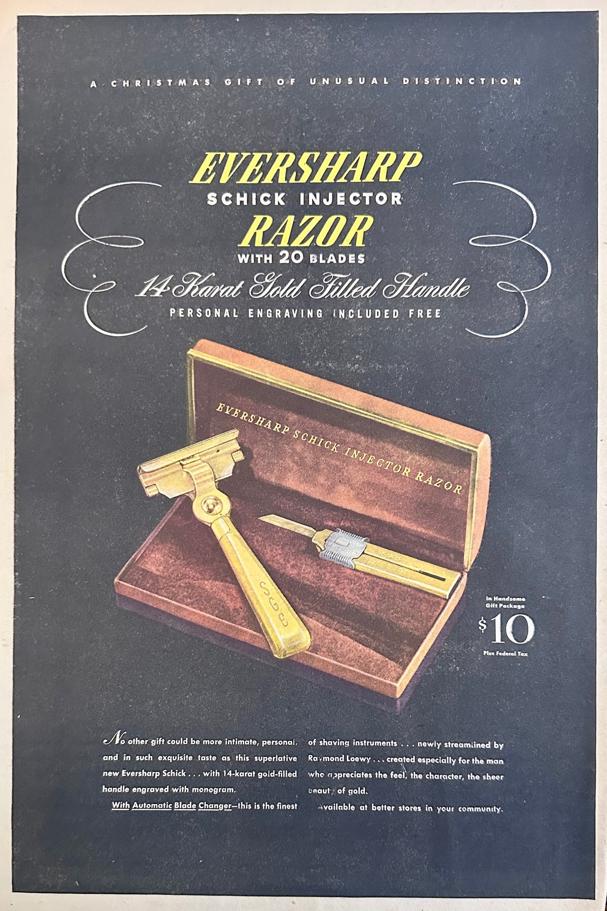 1946 Eversharp Schick Injector Razor with 14K Gold Filled Handle Ad #2391