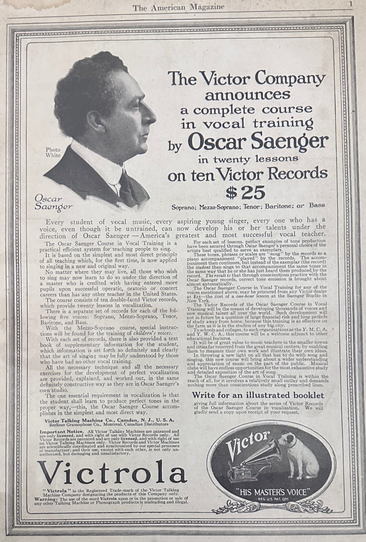 1917 The Victor Company Announces Course in Vocal Training Ad #N1590