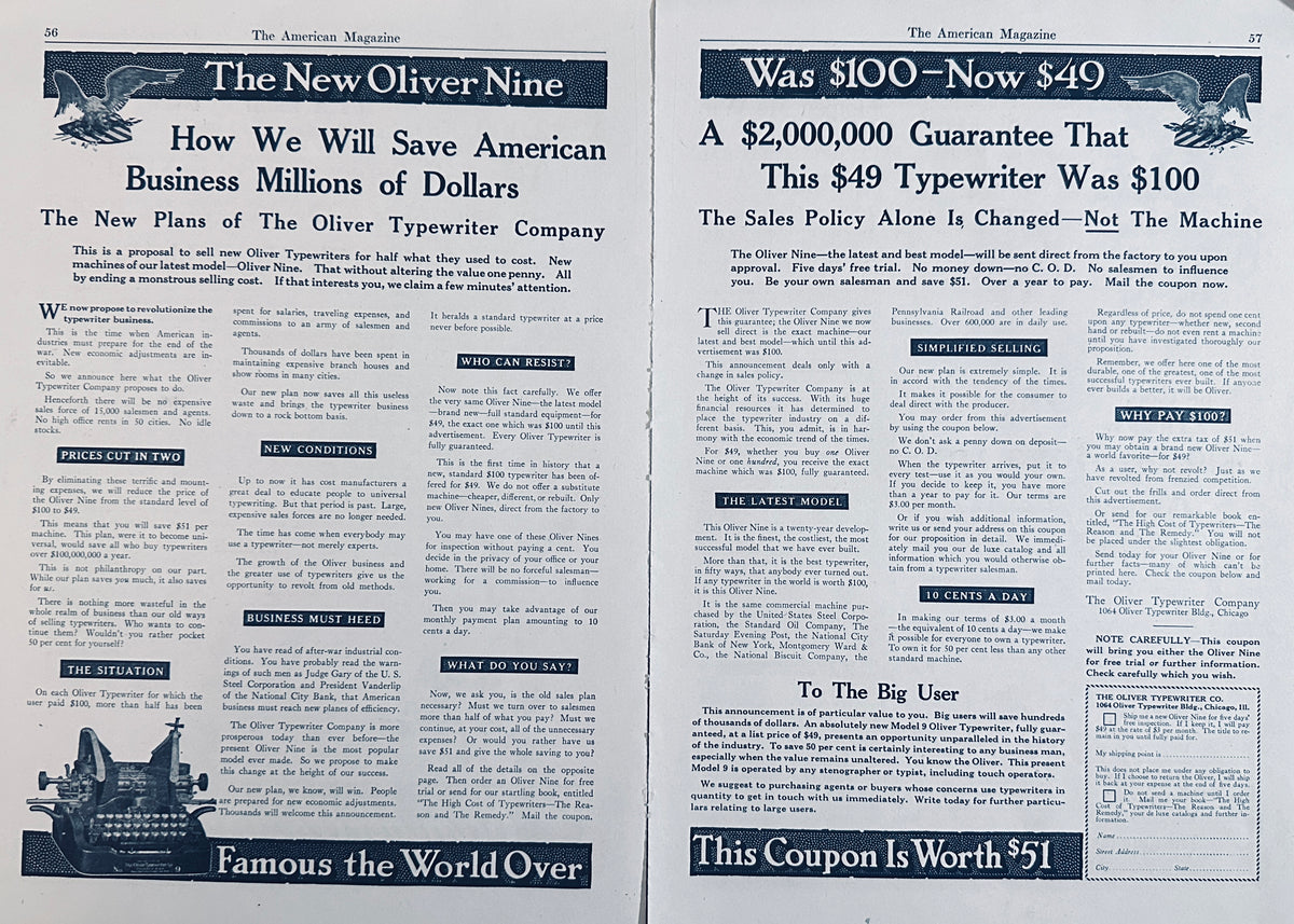 1917 2-Page Ad for The New Oliver Nine Typewriter Ad #N1592