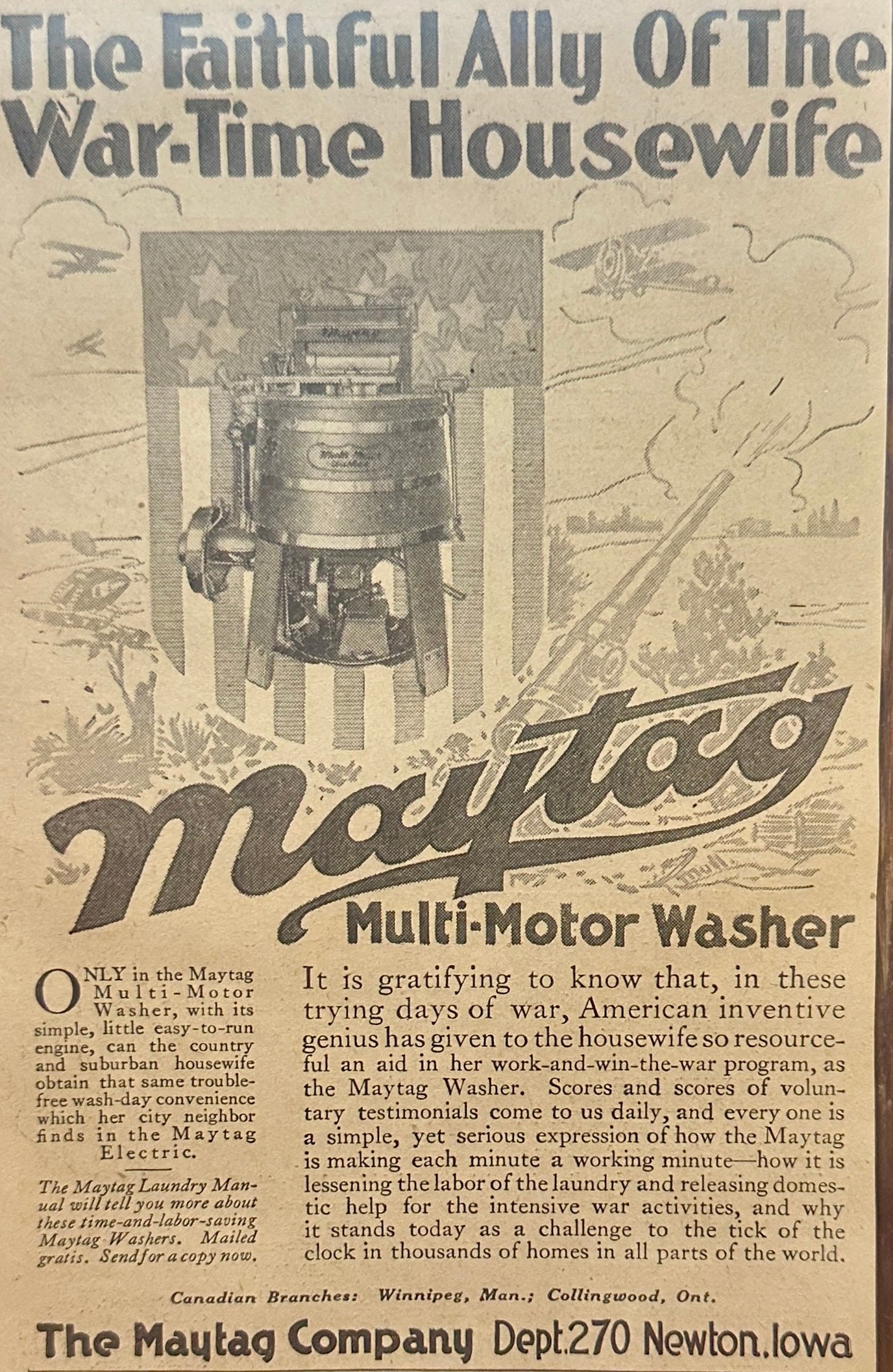 1918 Maytag Washing Machine - Faithful Ally of Wartime Housewife Ad