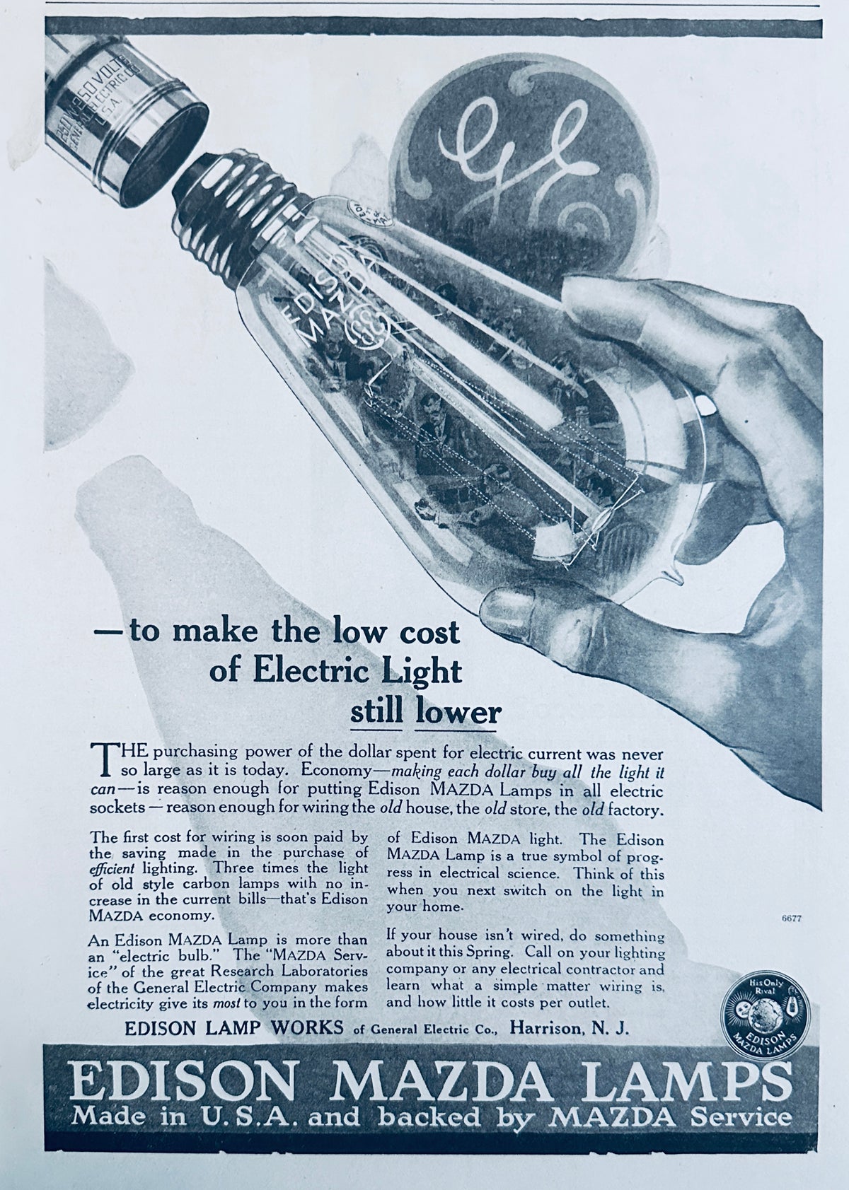 1917 WWI Era Edison Mazda Lamp - Lower the cost of Electric Light Ad #N1594