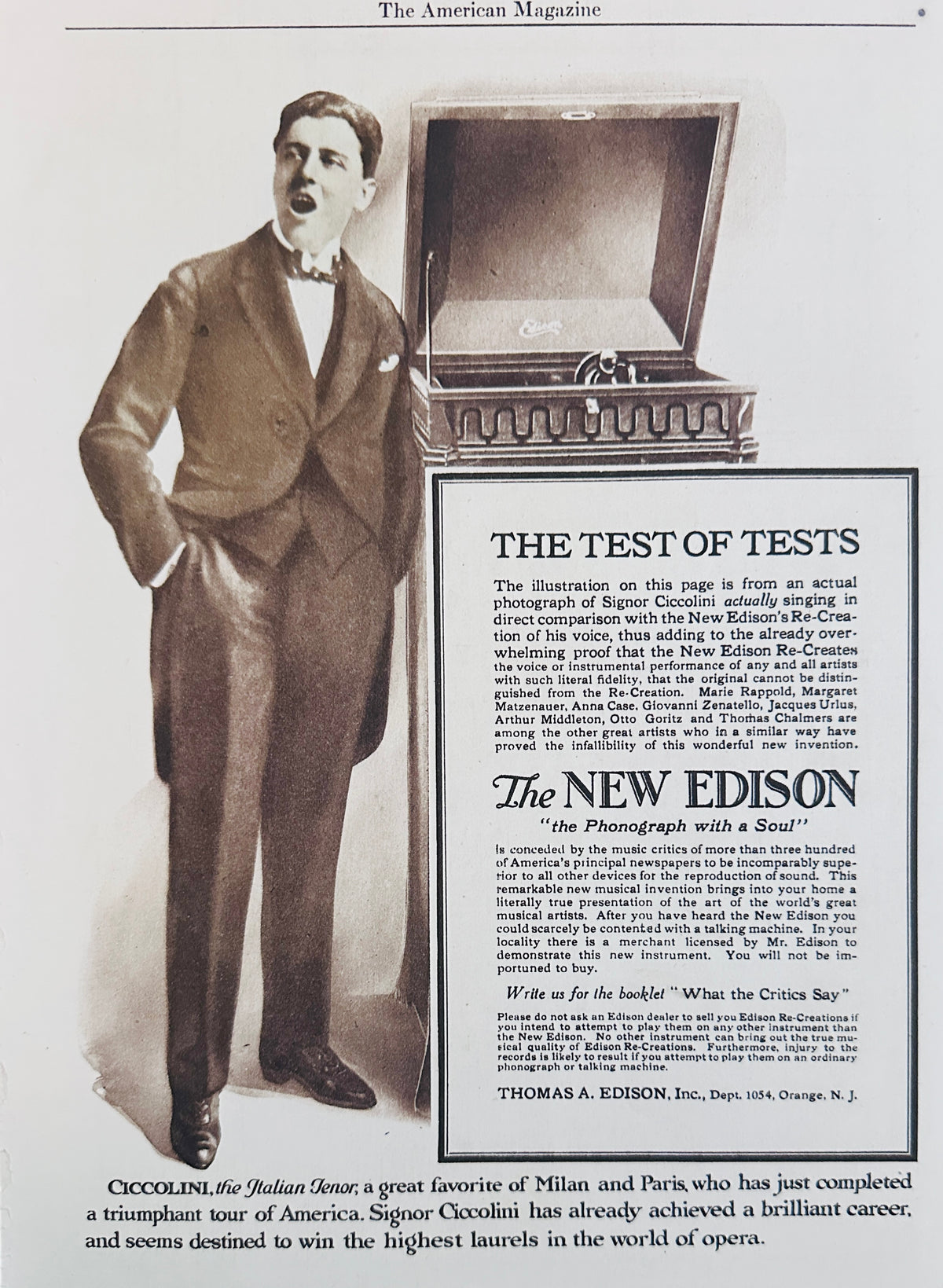 1917 Edison Phonograph Laboratory Model - Ciccolini - Italian Tenor Ad #N1595