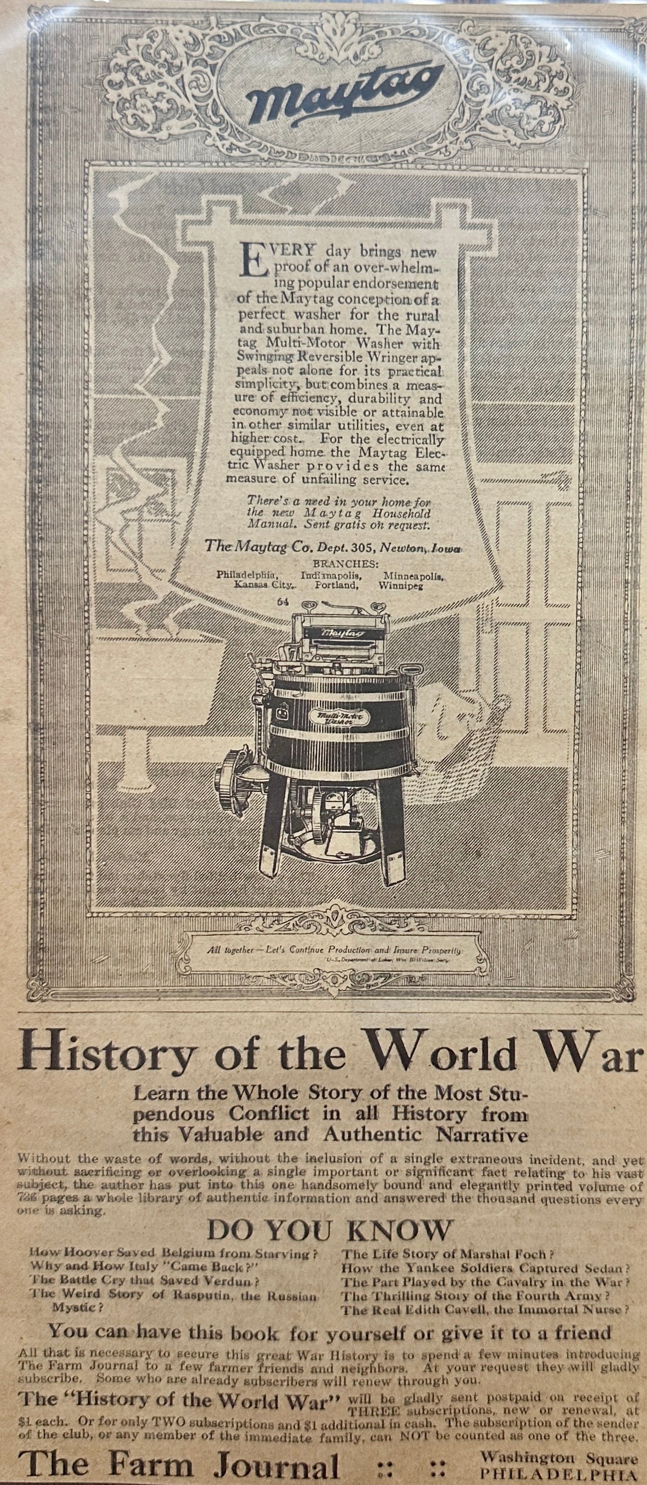 1919 Maytag Washer + History of the World War Magazine Ad