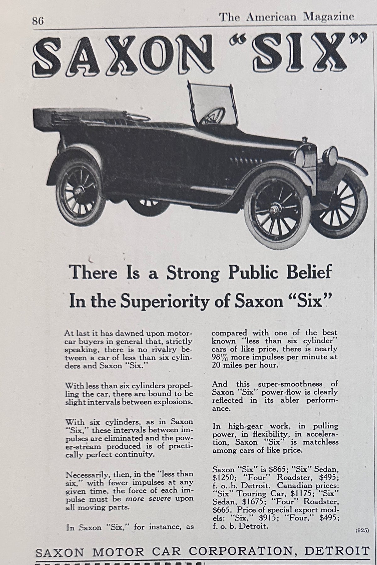 1917 Saxon Six Saxon Motor Car Co Detroit Ad #N1599