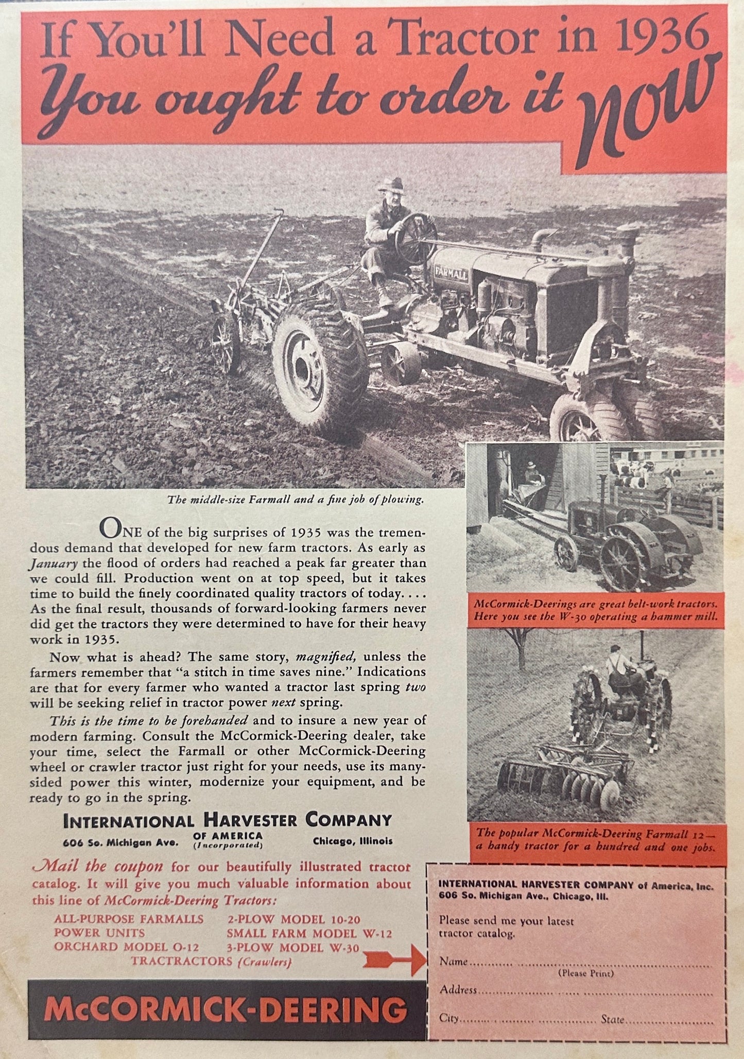 1936 McCormick Deering Farmall Tractor Magazine Ad
