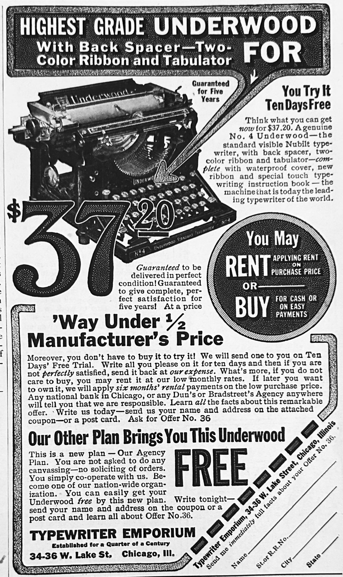 1917 Underwood Typewriter 10 Days Free Trial Ad #N1602