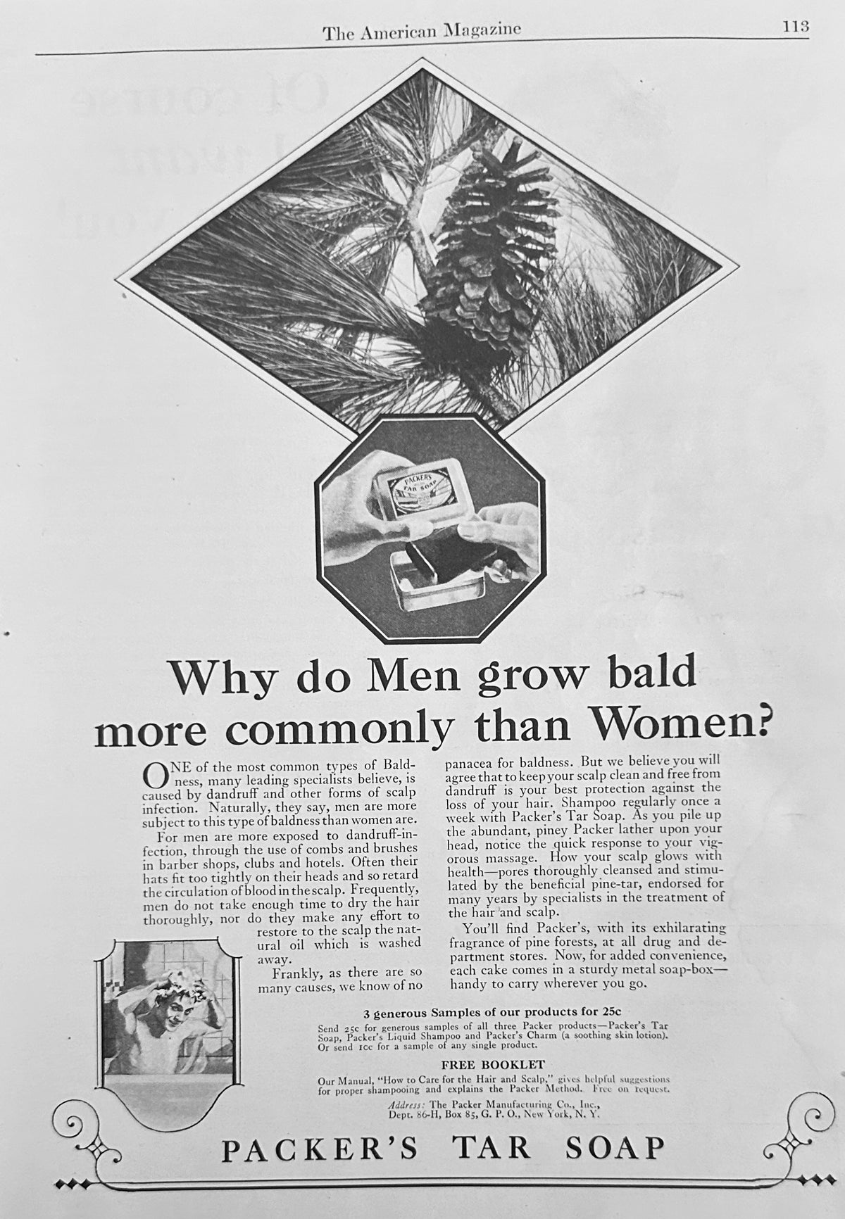 1924 Packer's Tar Soap - Why do Men Grow Bald? Ad #N1610
