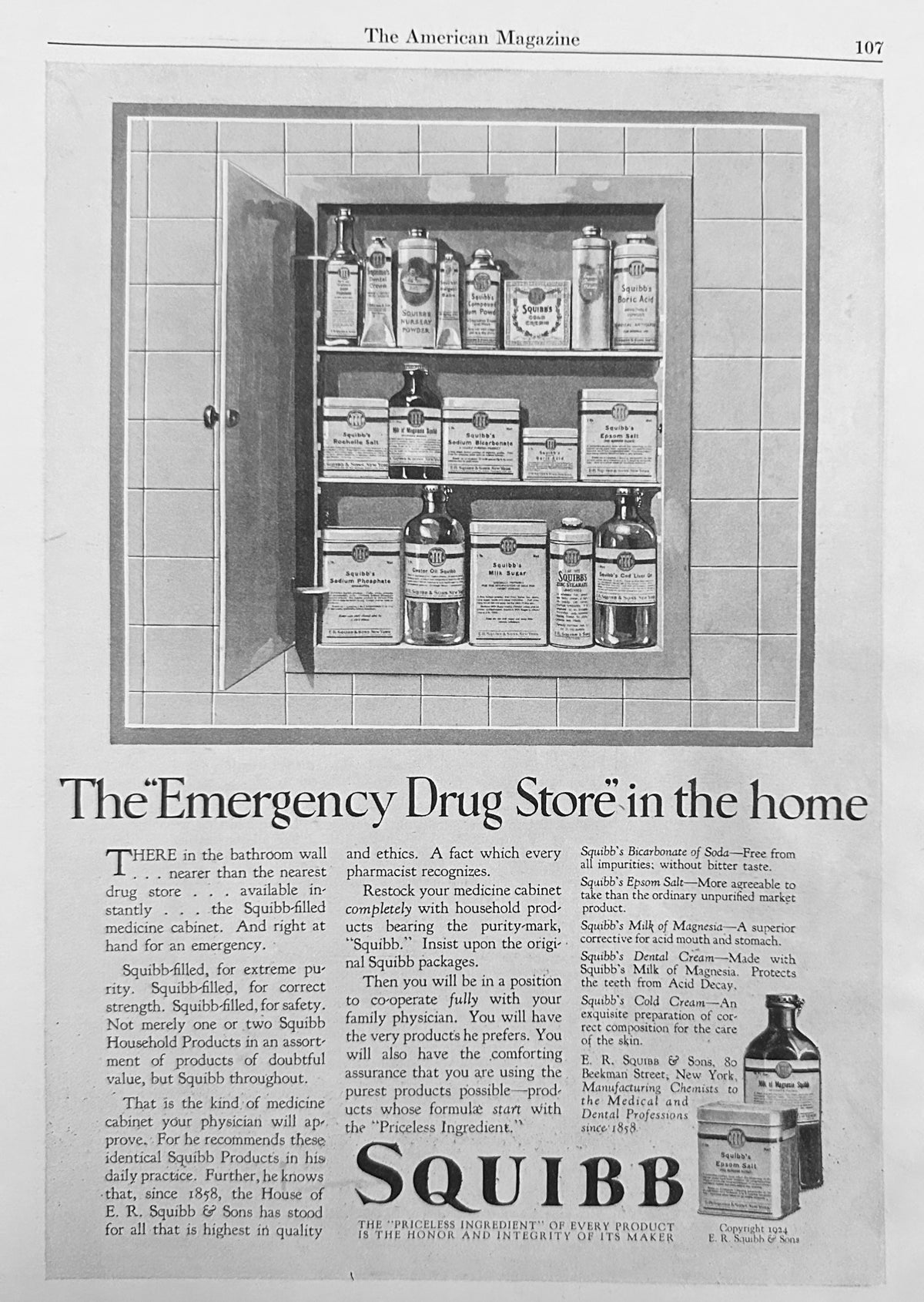 1924 Squibb "the Emergency Drug Store" in your home! N1612