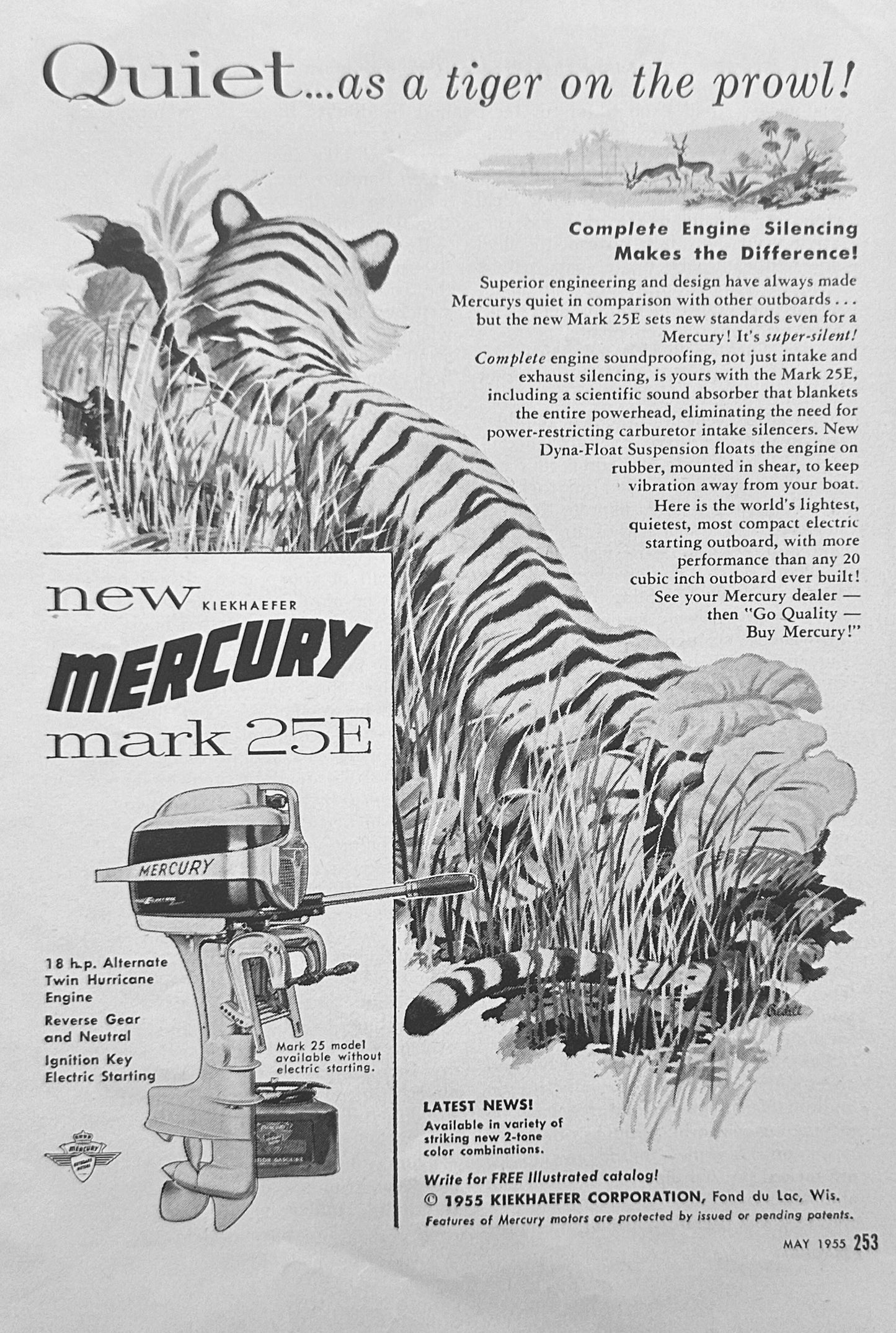 1955 Mercury Mark 25E Outboard Motor Quiet as A Tiger on the Prowl Promo Ad N636